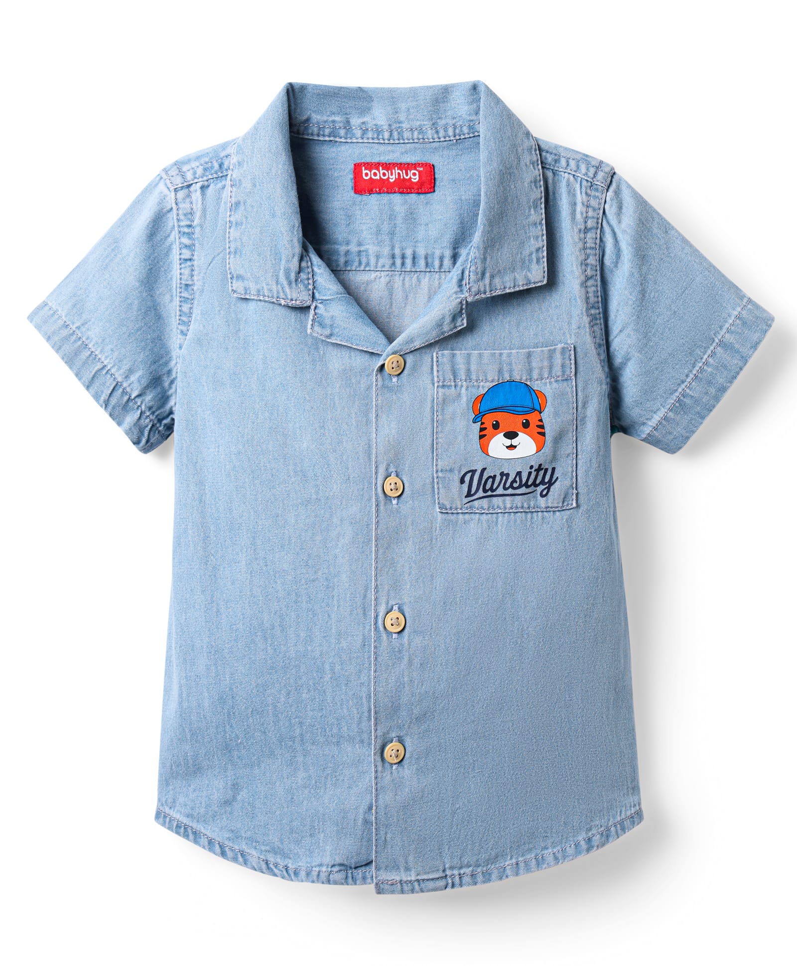 Babyhug Cotton Woven Half Sleeves Resort Collar Denim Washed Shirt with Animal Print - Blue-image-49
