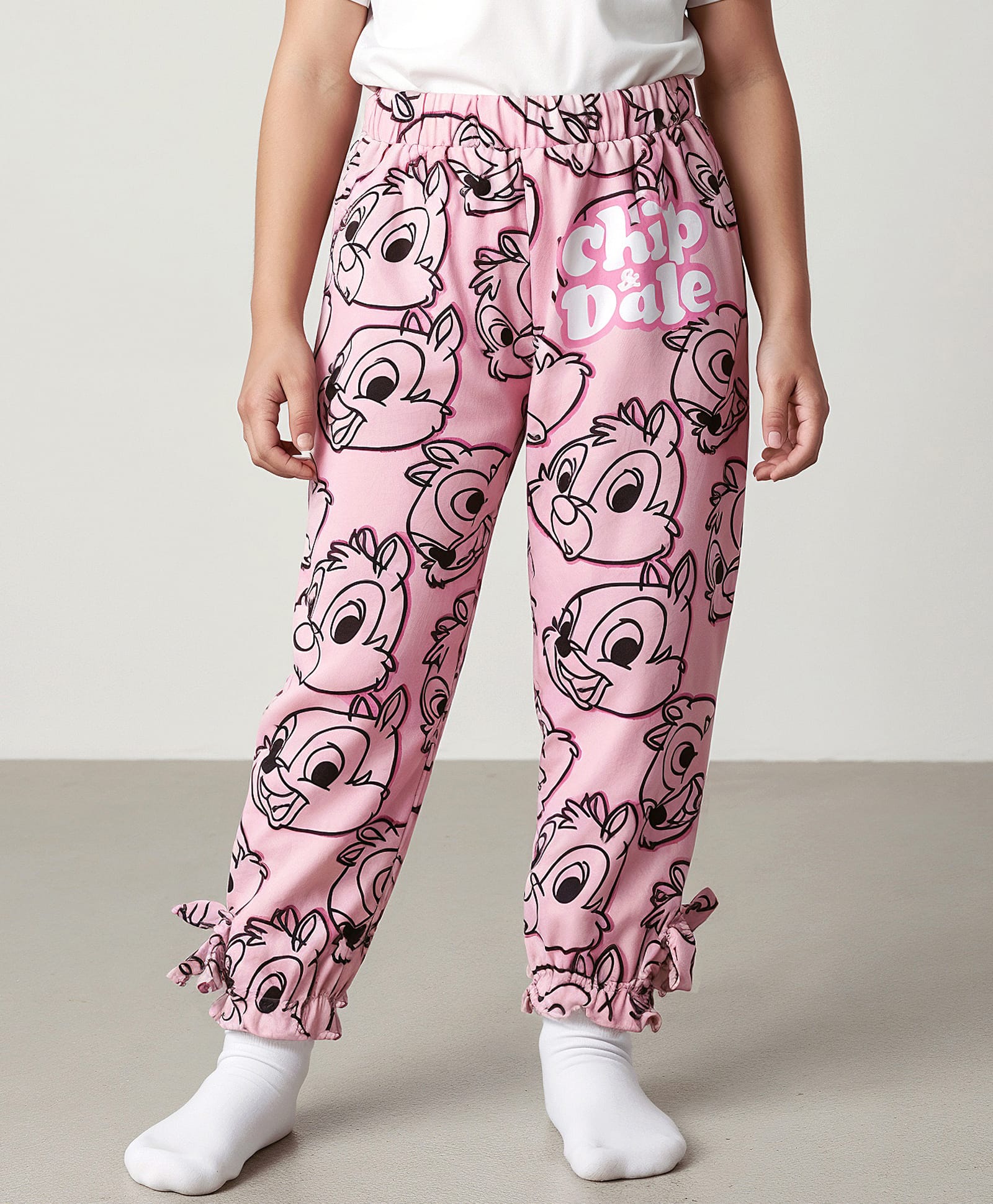 Babyhug Disney Terry Knit Full Length Lounge Pant with Chip n Dale Graphics & Bow Applique - Pink-image-44