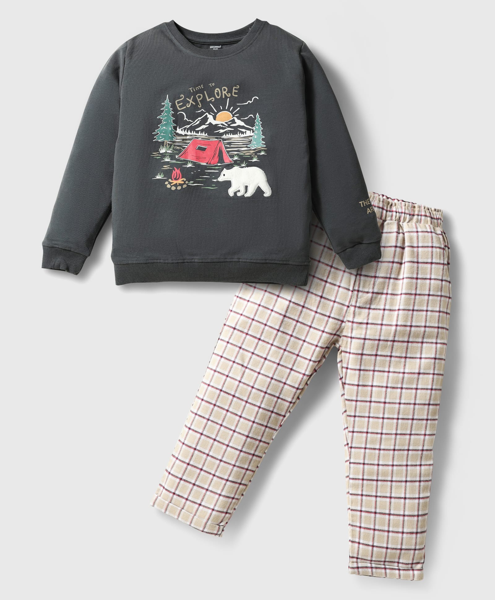 CUCUMBER Cotton Knit Full Sleeves T-Shirt & Checks Trouser Set With Camping Print - Charcoal Grey-image-43