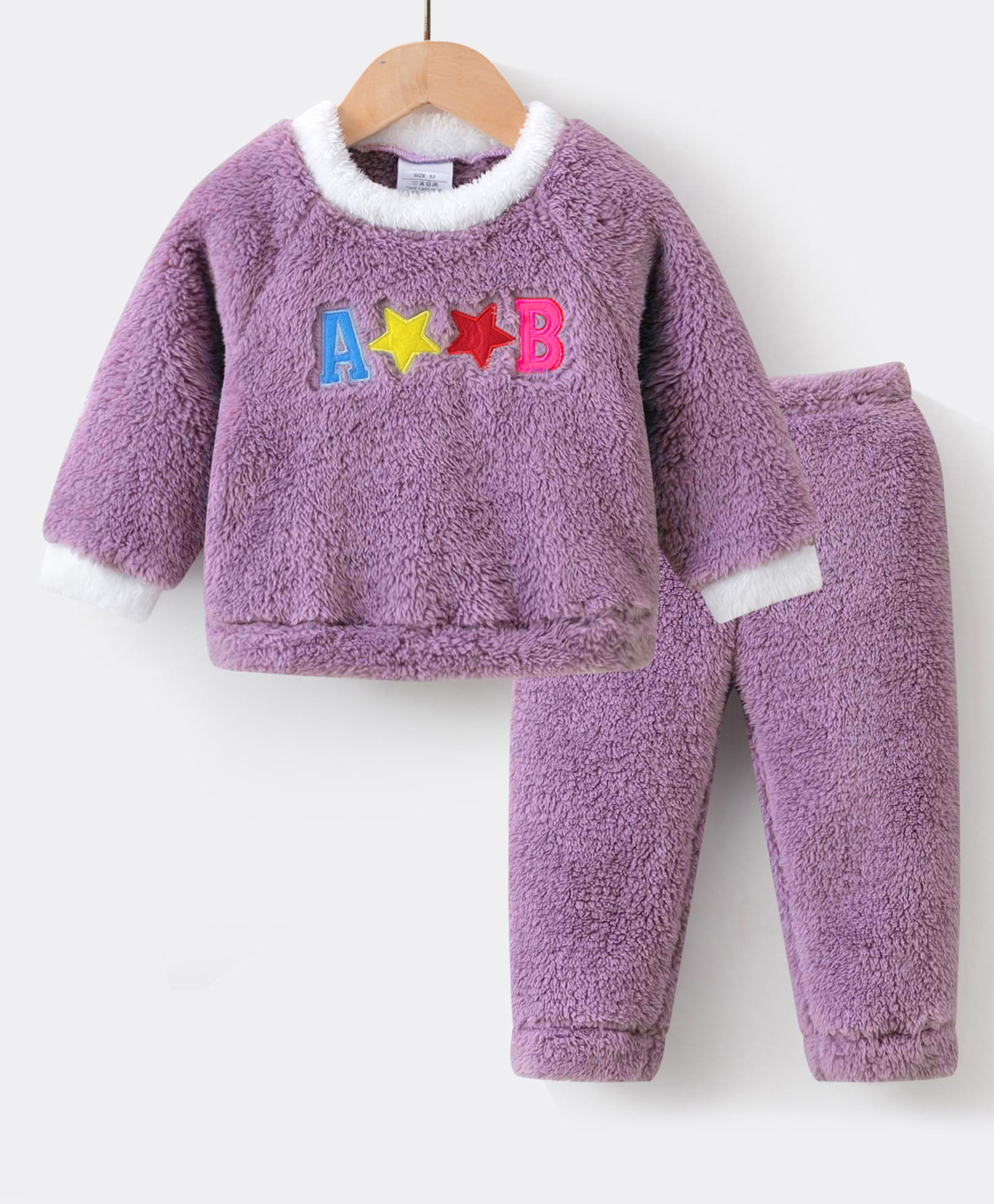 mark & mia Kookie Kids Fur Woven Full Raglan Sleeves Night Suit Set with Star & Text Patch - Purple-picture-22