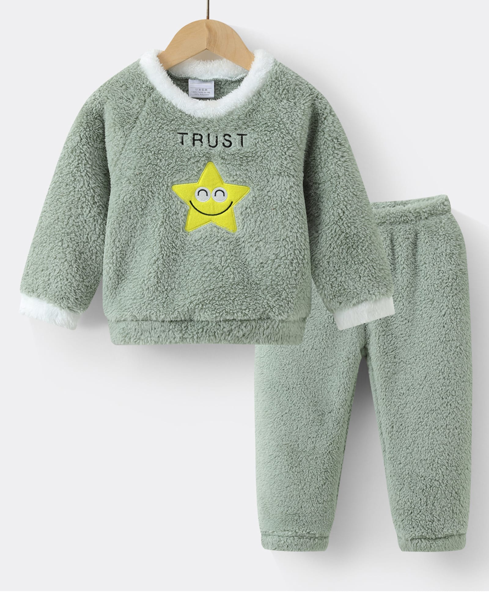 Kookie Kids Full Raglan Sleeves Night Suit Set with Star & Text Patch - Light Green-image-6