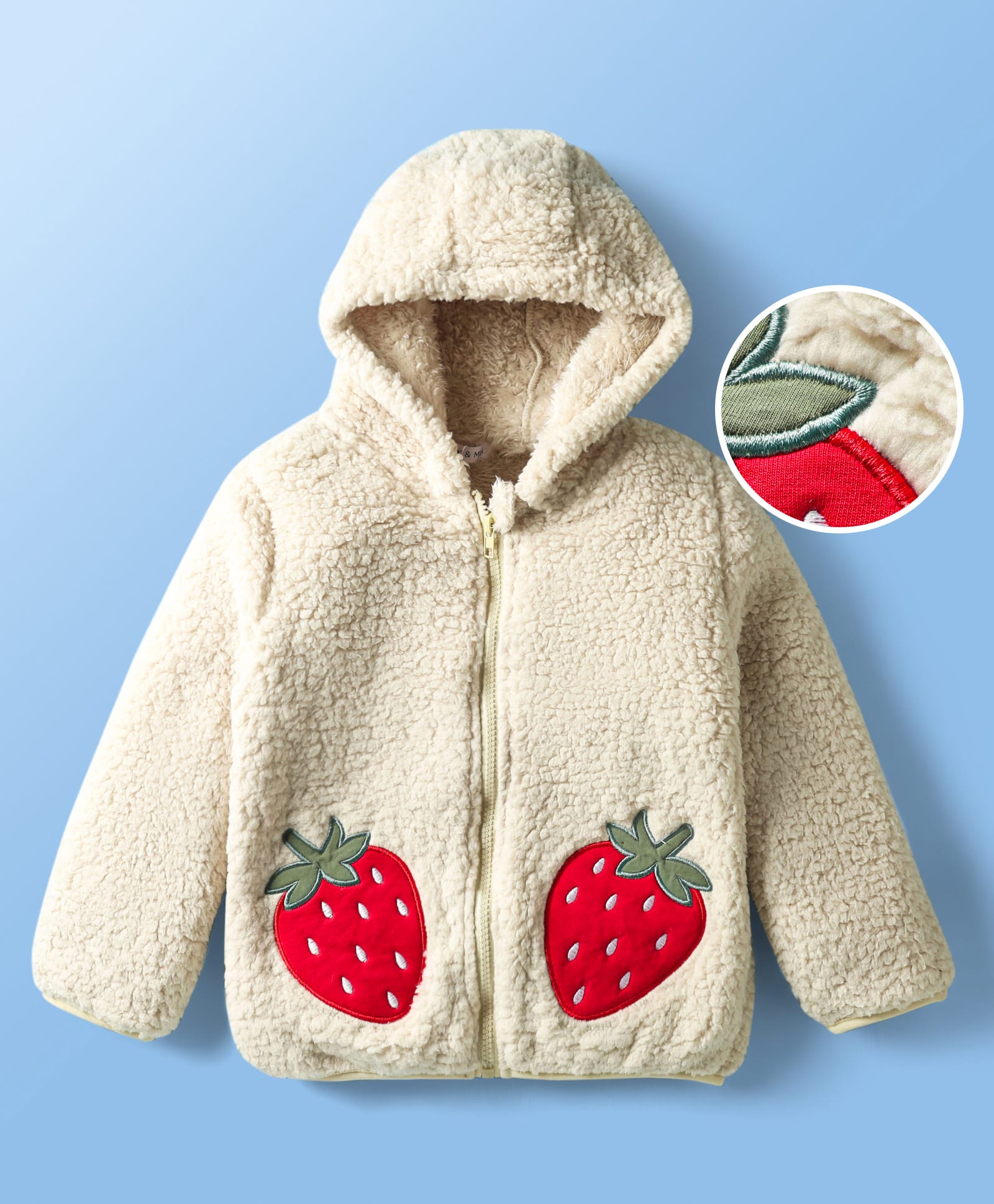 Mark & Mia Full Sleeves Hooded Winter Jacket with Fur & Strawberry Detailing - Beige-image-27