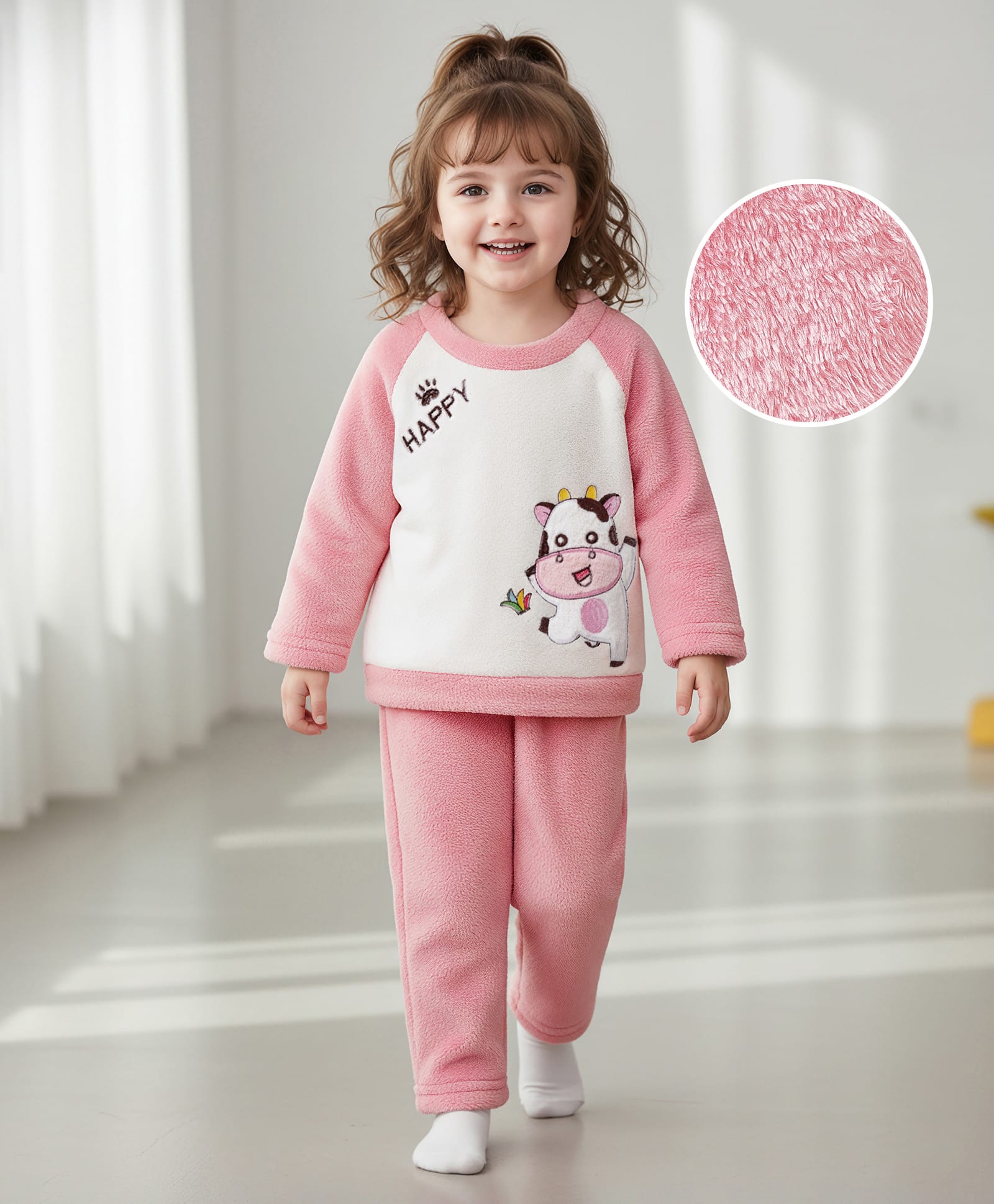 Mark & Mia Full Raglan Sleeves Winter Wear Night Suit with Cow Embroidery - Pink-image-4
