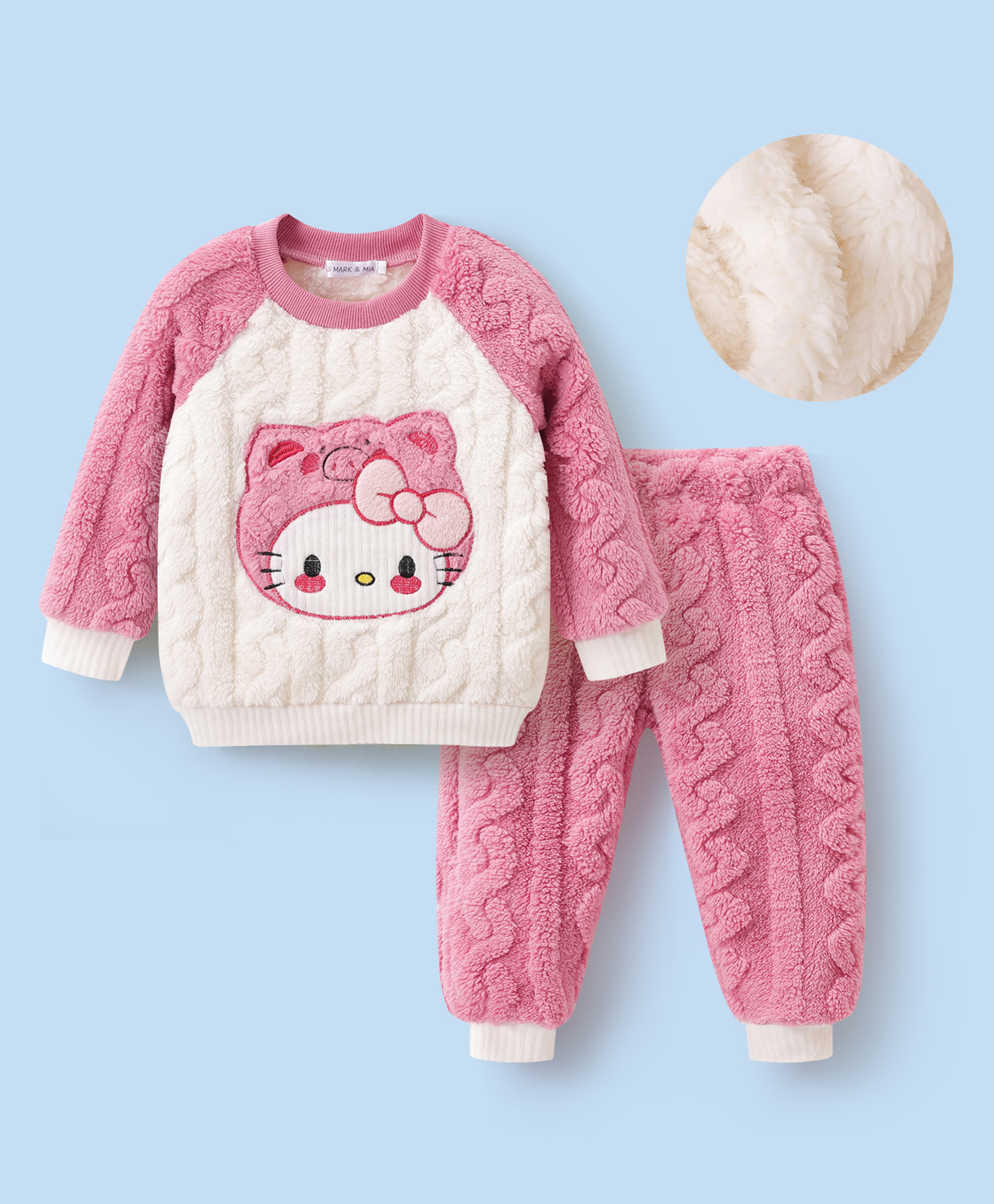 Mark & Mia Full Raglan Sleeves Winter Wear Night Suit with Cable Knit Quilting & Hello Kitty Design - Pink & White-image-43