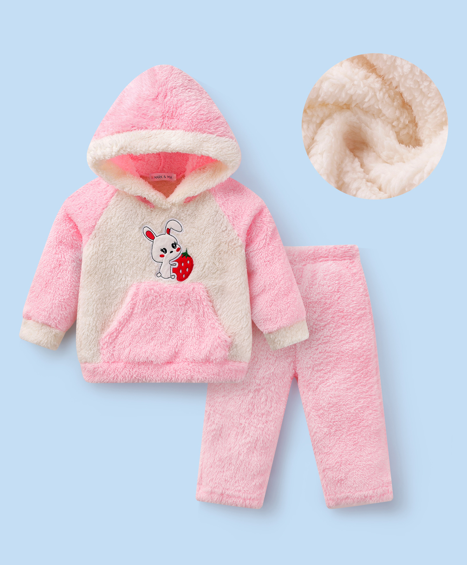 Mark & Mia Full Length Raglan Sleeves Hooded Winter Wear Night Suit with Kangaroo Pocket & Bunny Patch - Pink & White-picture-23