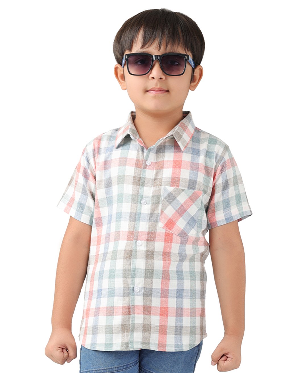 BABY CLOSET Pure Cotton Half Sleeves Checked Shirt - White & Green-image-3
