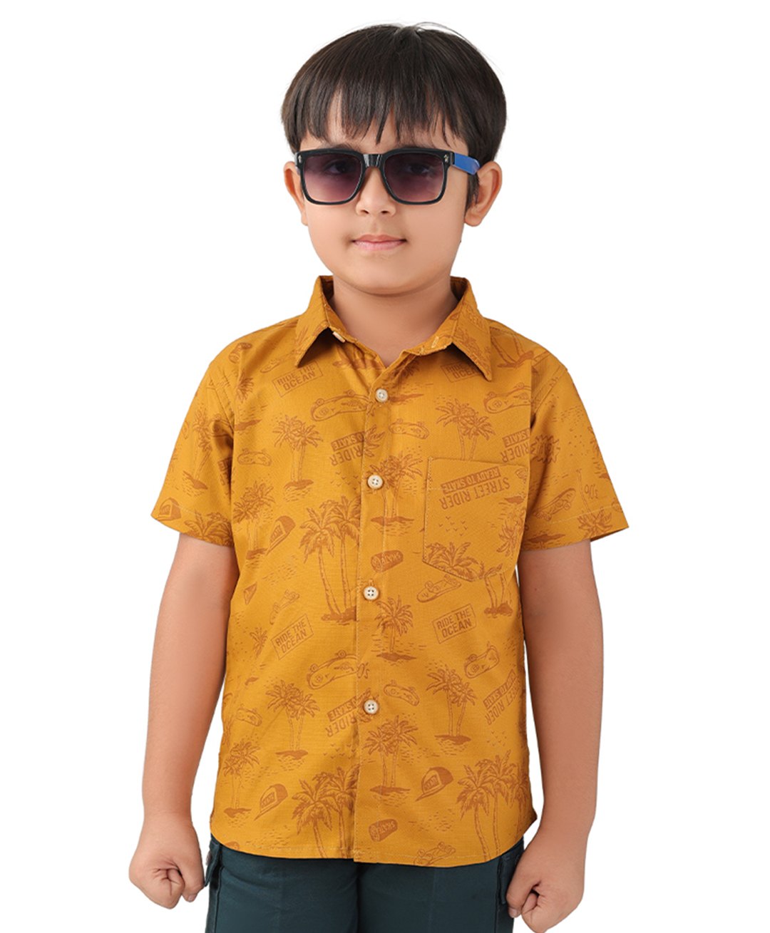 BABY CLOSET Pure Cotton Half Sleeves Tropical Theme Printed Shirt - Mustard-image-19