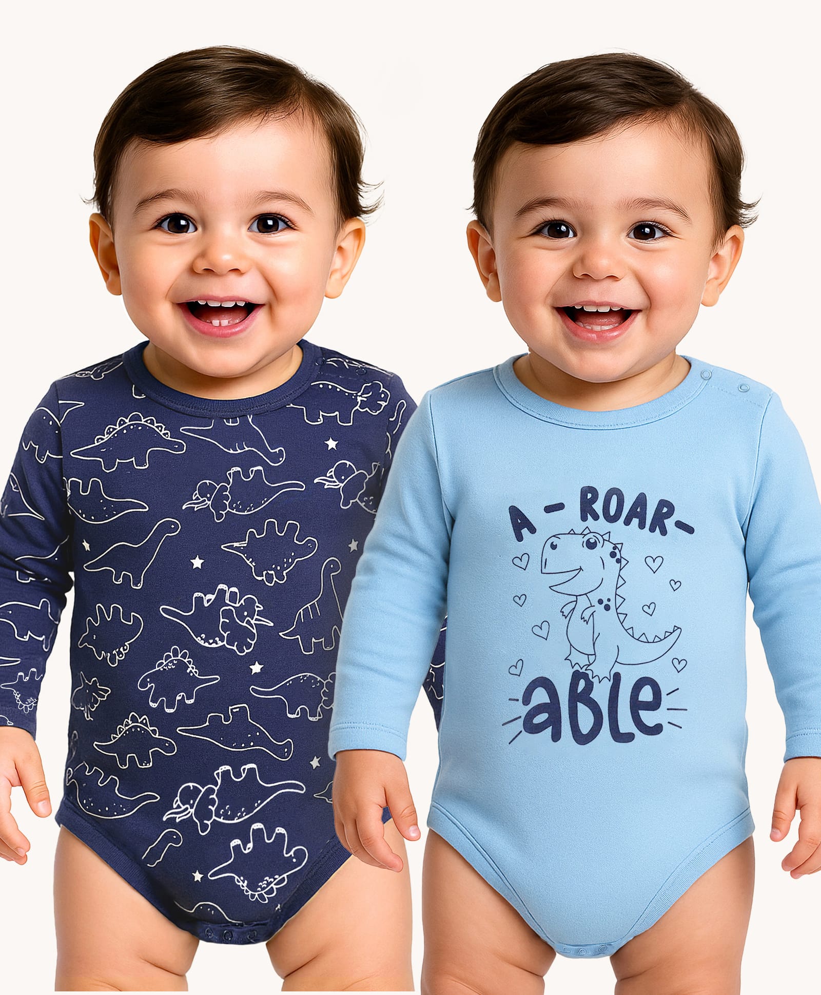 doodle poodle 100% cotton knit full sleeves dino printed onesies pack of 2 - blue