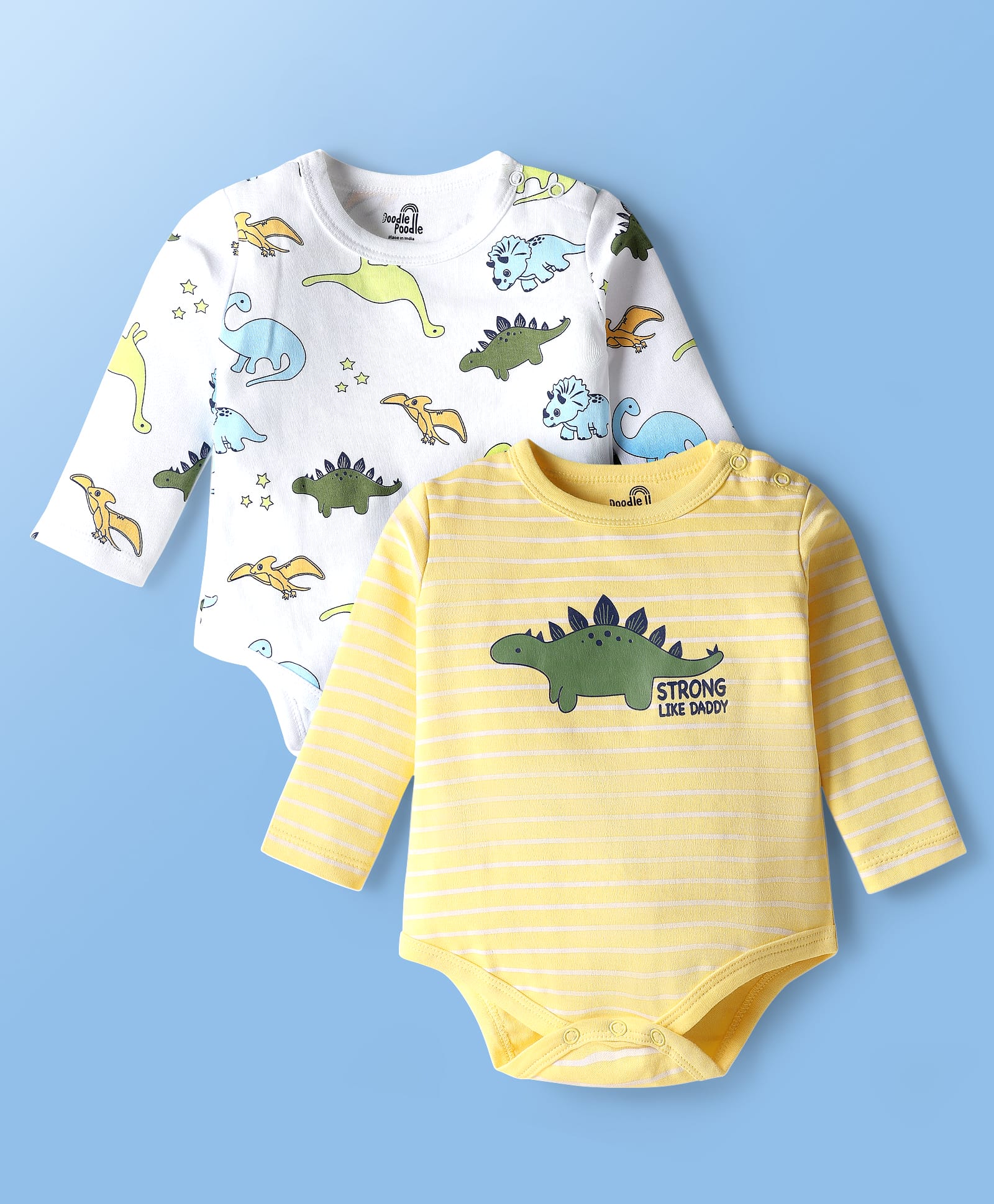 Doodle Poodle 100% Cotton Knit Full Sleeves Dino Printed Onesies Pack of 2 - White & Yellow-picture-18