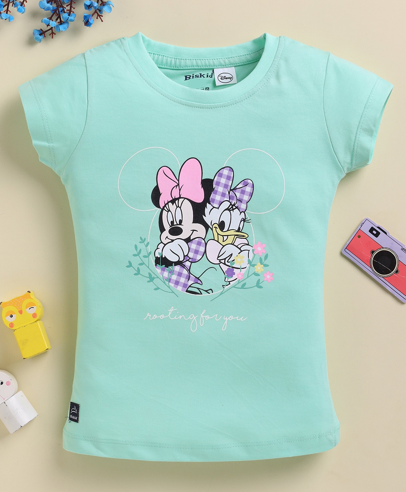 Biskid Sinker Knit Mickey & Friends Featuring Half Sleeves Minnie Mouse & Donald Duck Character Printed Top - Light Green-picture-17