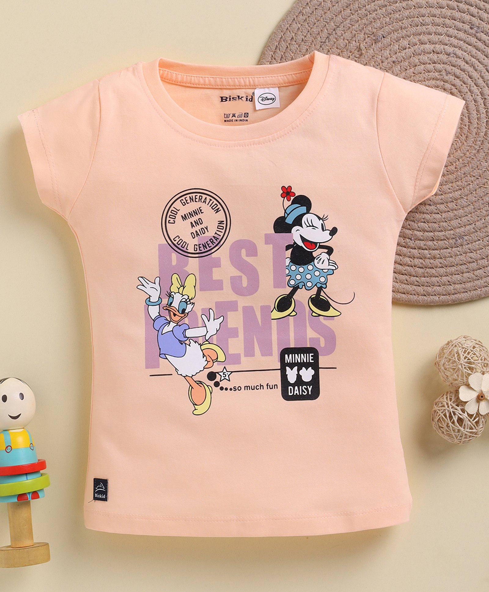 Biskid Sinker Knit Mickey & Friends Featuring Half Sleeves Minnie Mouse & Donald Duck Character Printed Top - Light Peach-picture-16