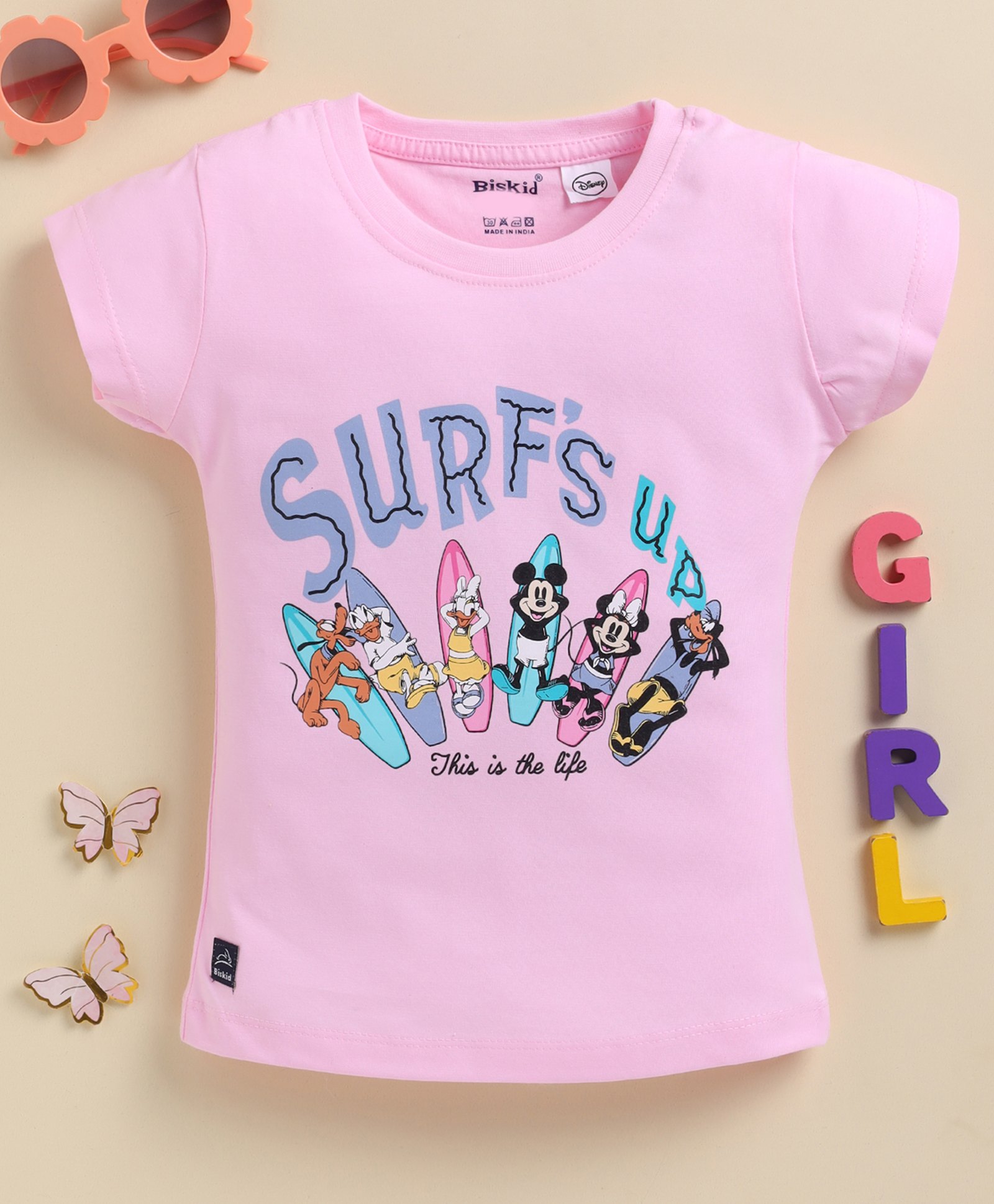 Biskid Sinker Knit Mickey & Friends Featuring Half Sleeves Characters Printed Top - Pink-picture-30