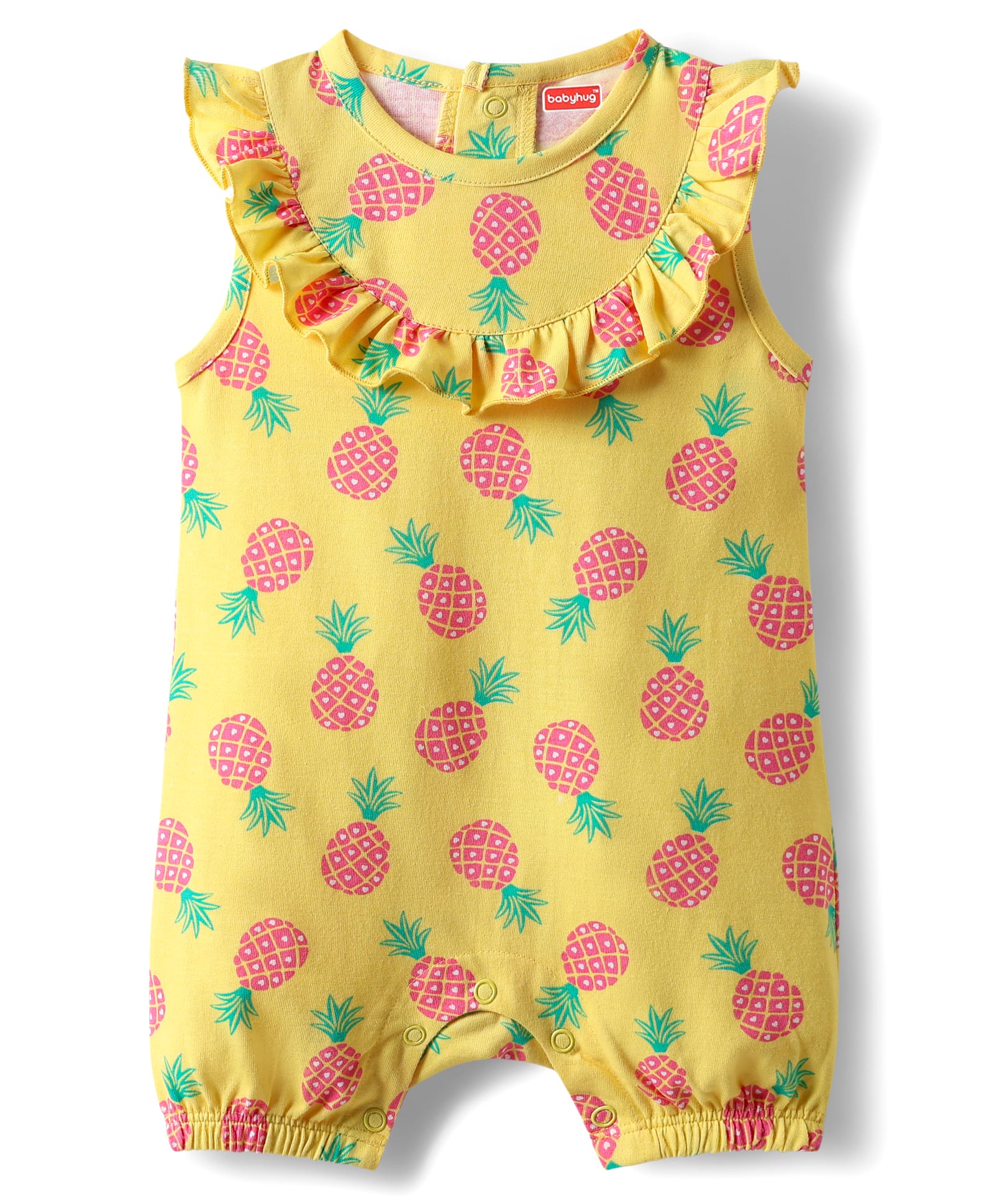 Babyhug 100% Cotton Interlock Knit Sleeveless Romper with Pineapple Print - Yellow-image-1