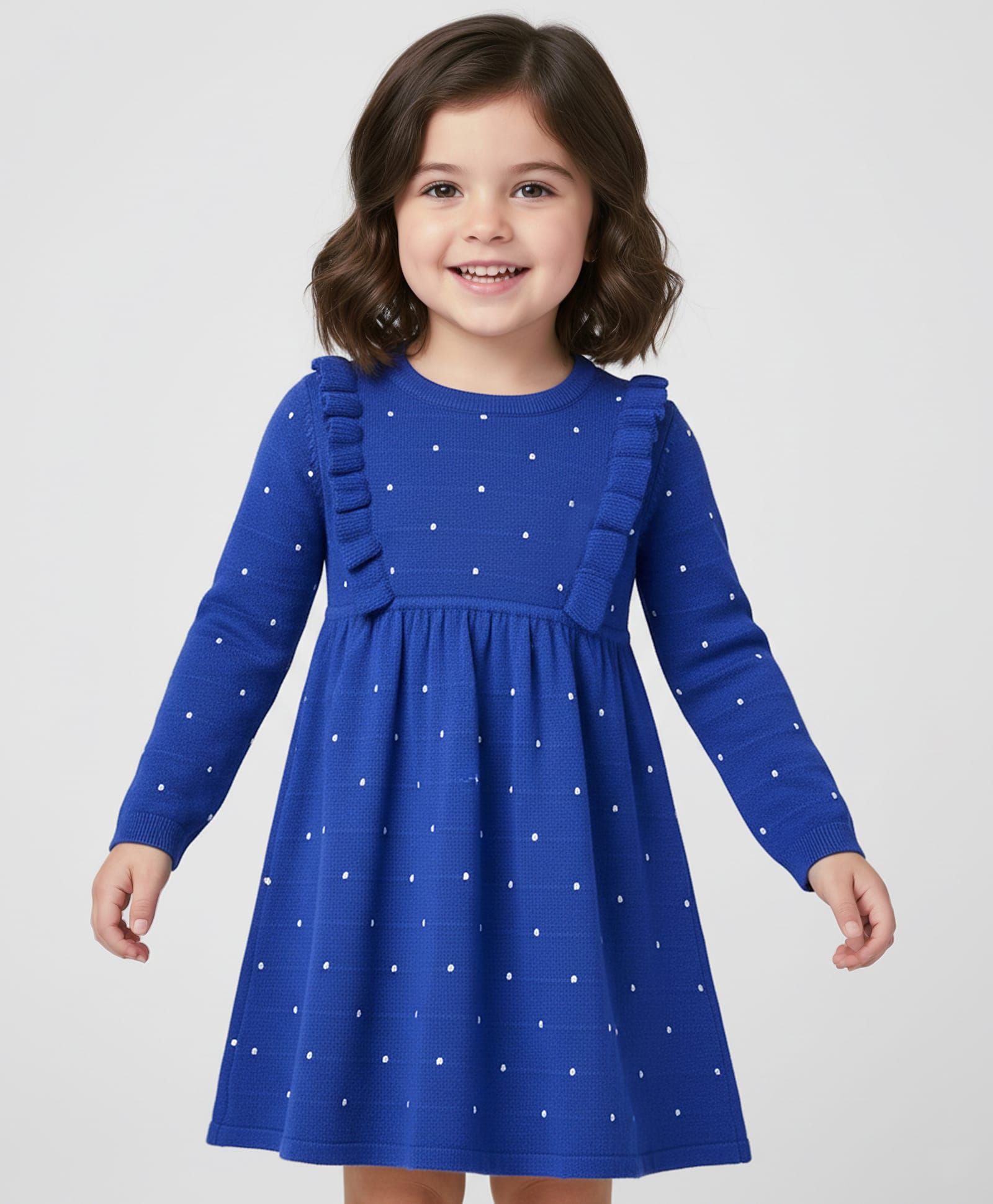 Babyhug Knit Full Sleeves Woolen Dress with Polka Dot Design - Royal Blue-image-4
