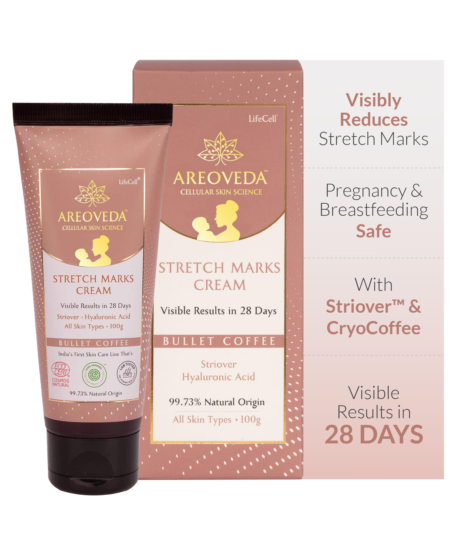AREOVEDA Stretch Marks Cream With Striover | Visibly Reduces Old And New Stretch Marks In 28 days | Pregnancy & Breastfeeding Safe, 100g