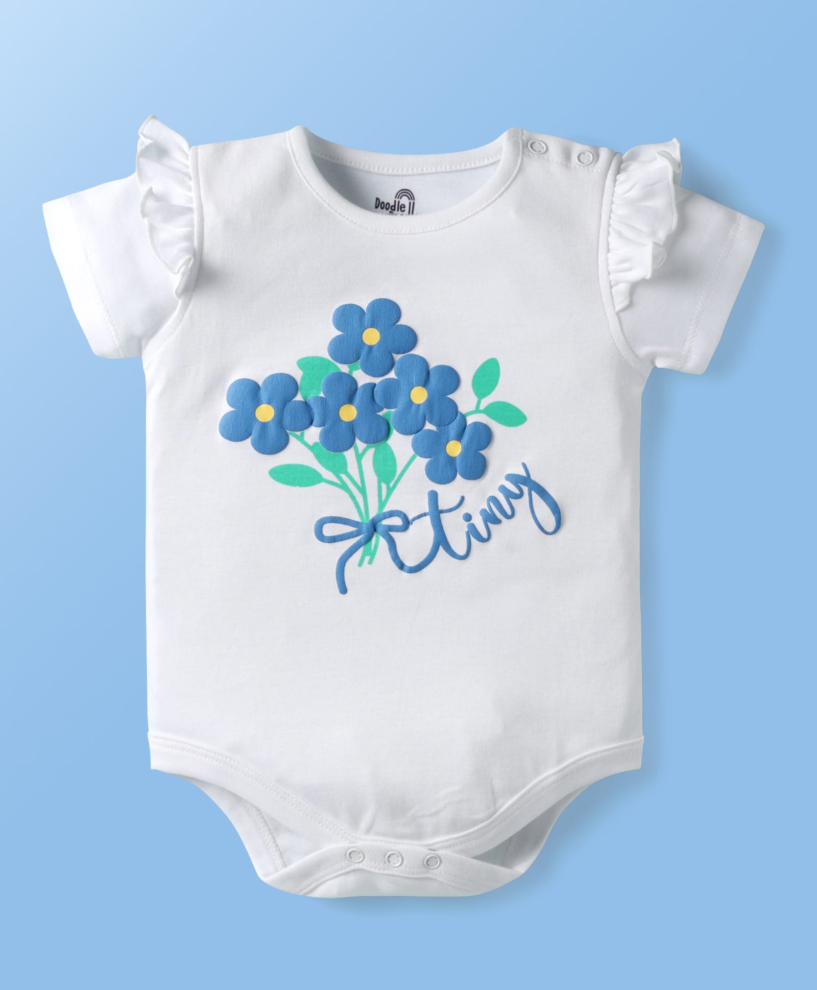 Doodle Poodle 100% Cotton Knit Frill Half Sleeves Onesie With Rainbow & Floral Print - White-picture-16