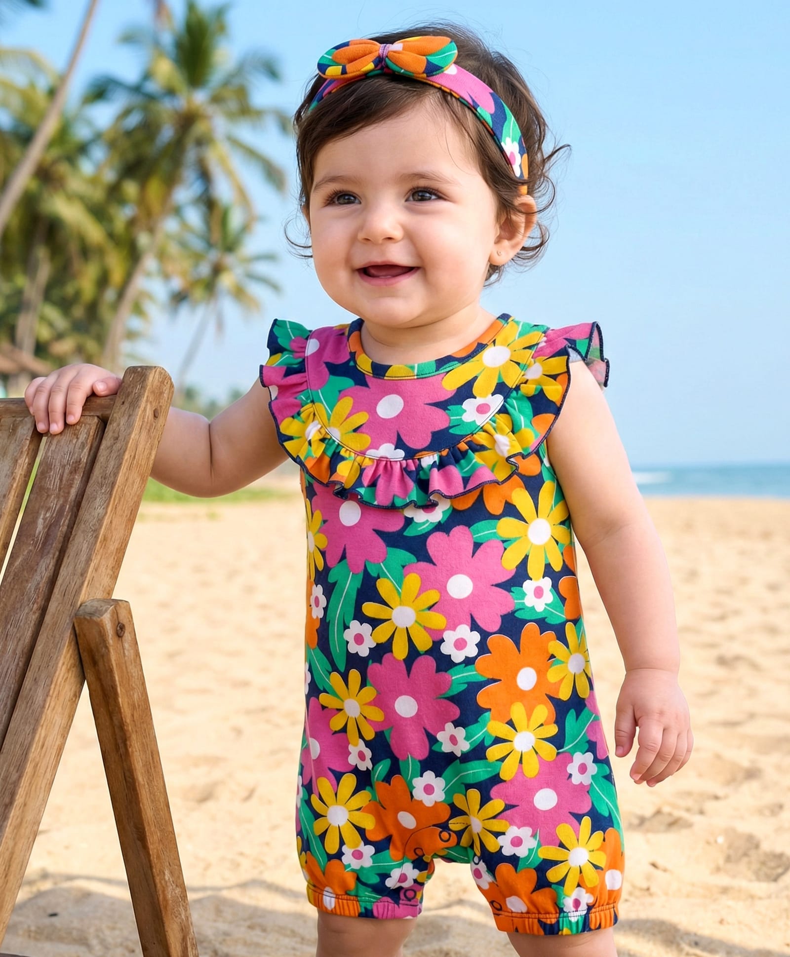 Babyhug 100% Cotton Interlock Knit Sleeveless Romper with Hairband & Floral Print - Multicolor-image-36