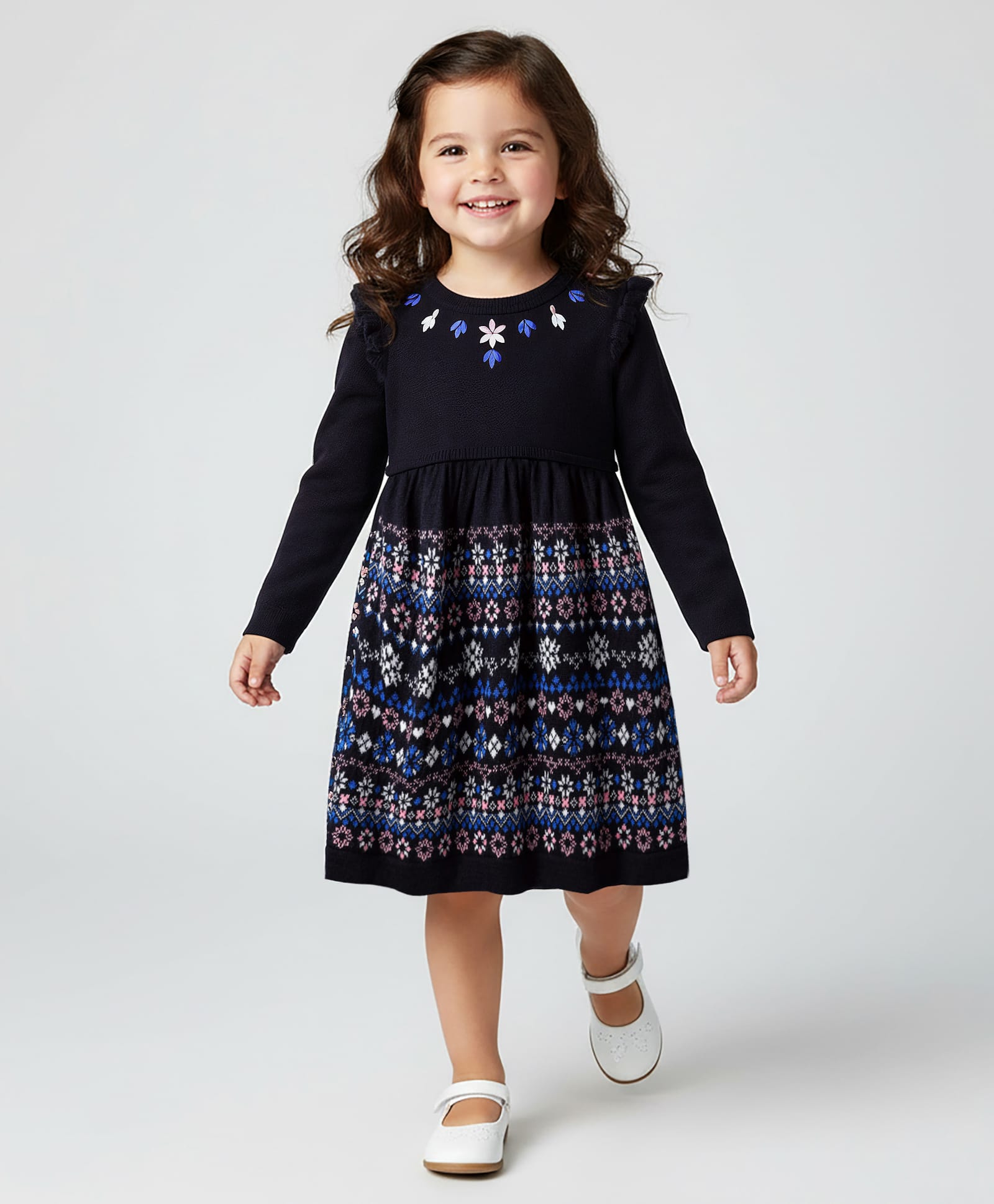 Babyhug Knit Full Sleeves Woolen Dress With Floral Embroidered - Navy Blue-picture-28
