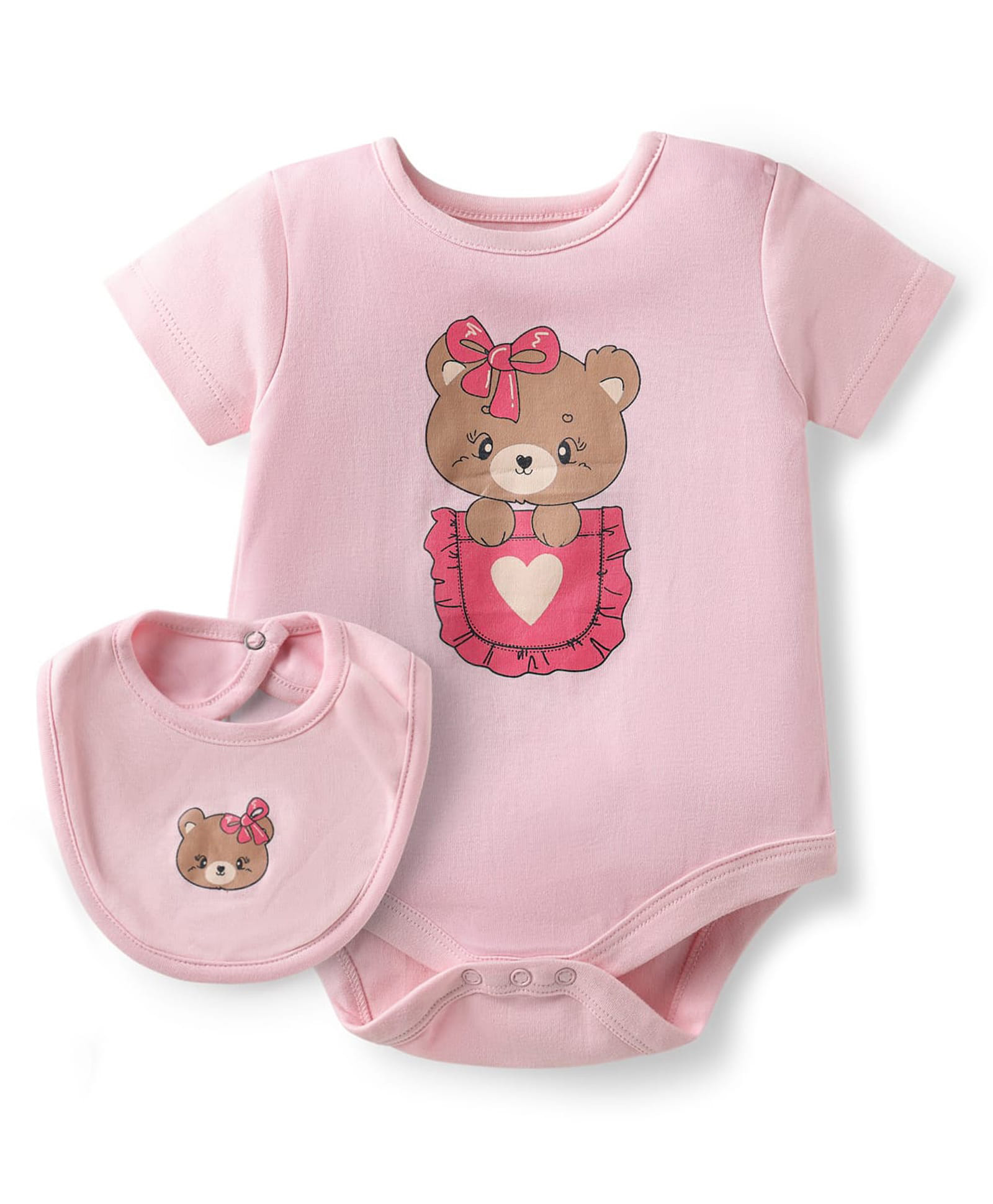 Doodle Poodle 100% Cotton Knit Half Sleeves Onesie With Bib & Booties with Teddy Print - Baby Pink-picture-39