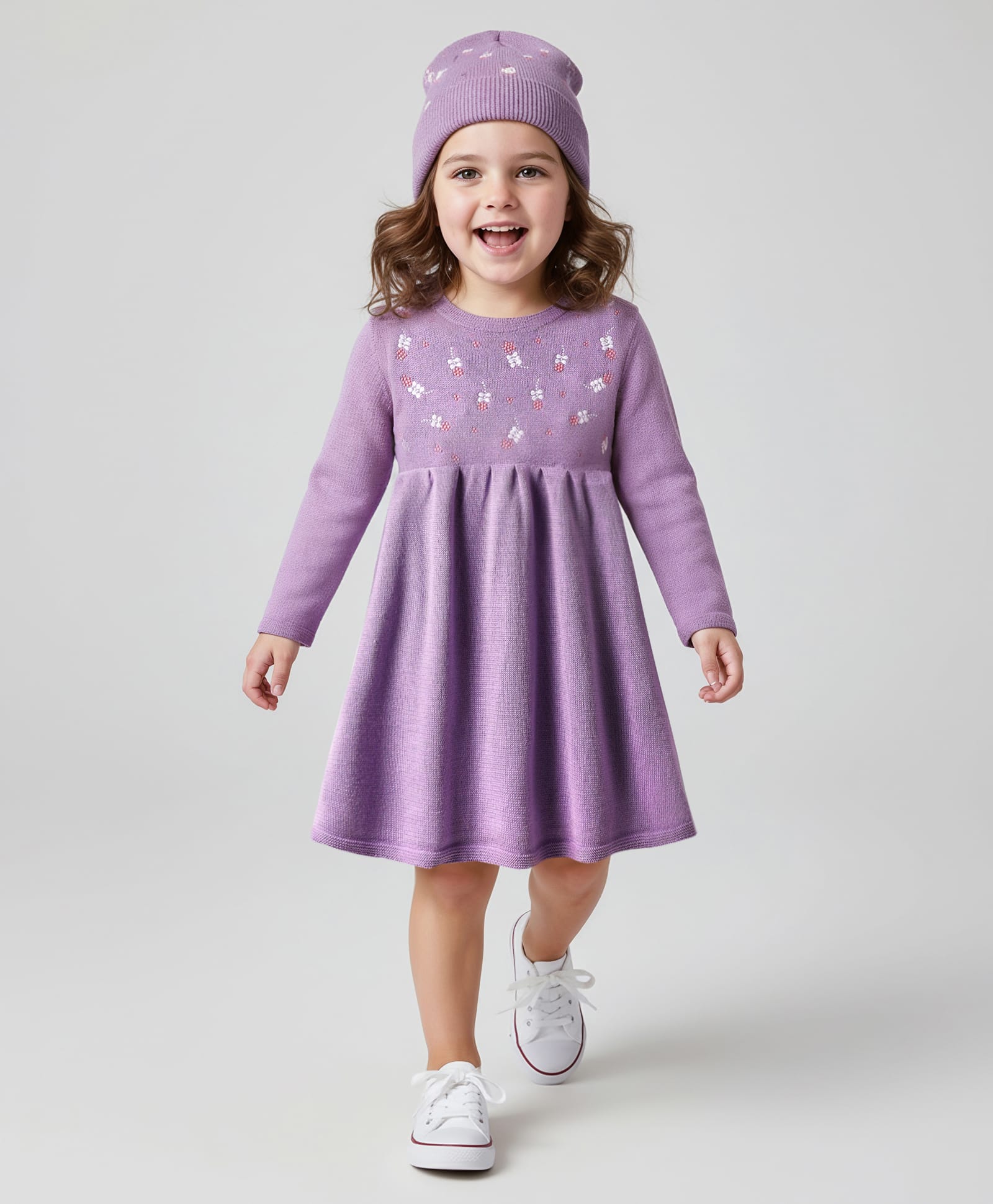 Babyhug Full Sleeves Sweater Knit Woollen Dress With Floral Design - Lilac-image-16