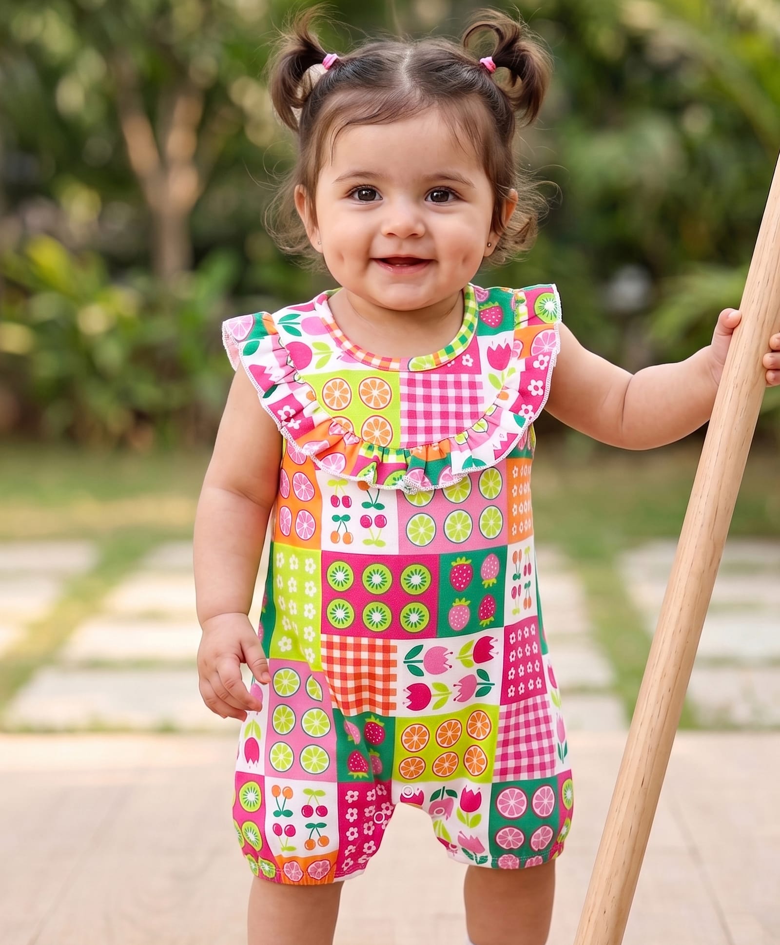 Babyhug 100% Cotton Knit Sleeveless Romper with Frill Detailing & Tropical Theme Print - Multicolor-image-17