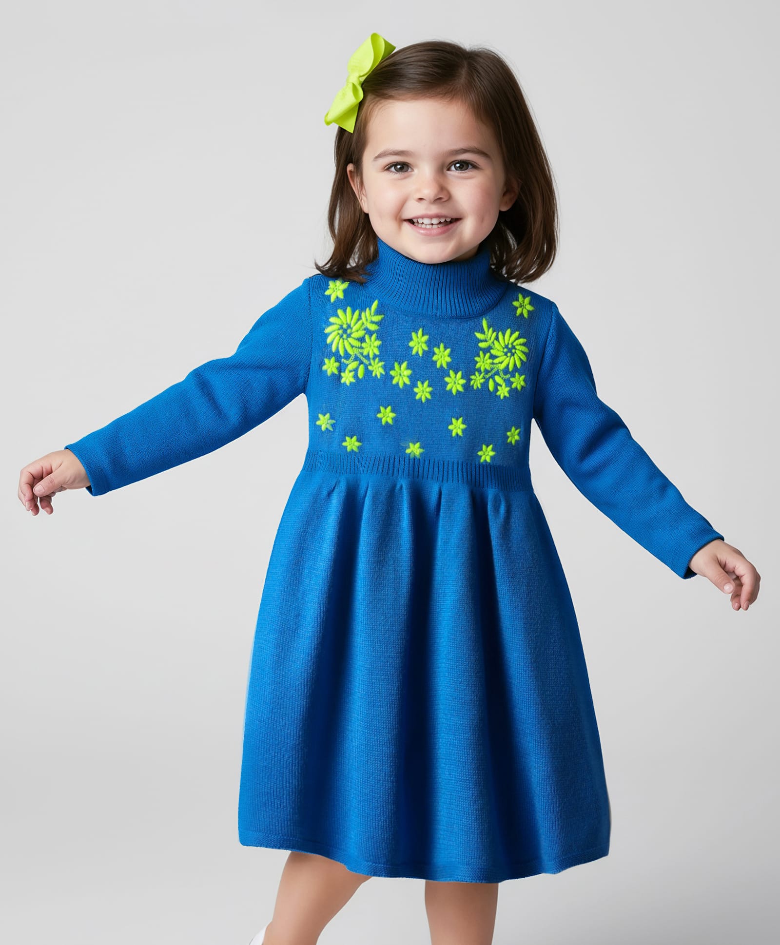 Babyhug Sweater Knit Full Sleeves High Neck Woolen Dress with Floral Embroidery - Royal Blue-image-31