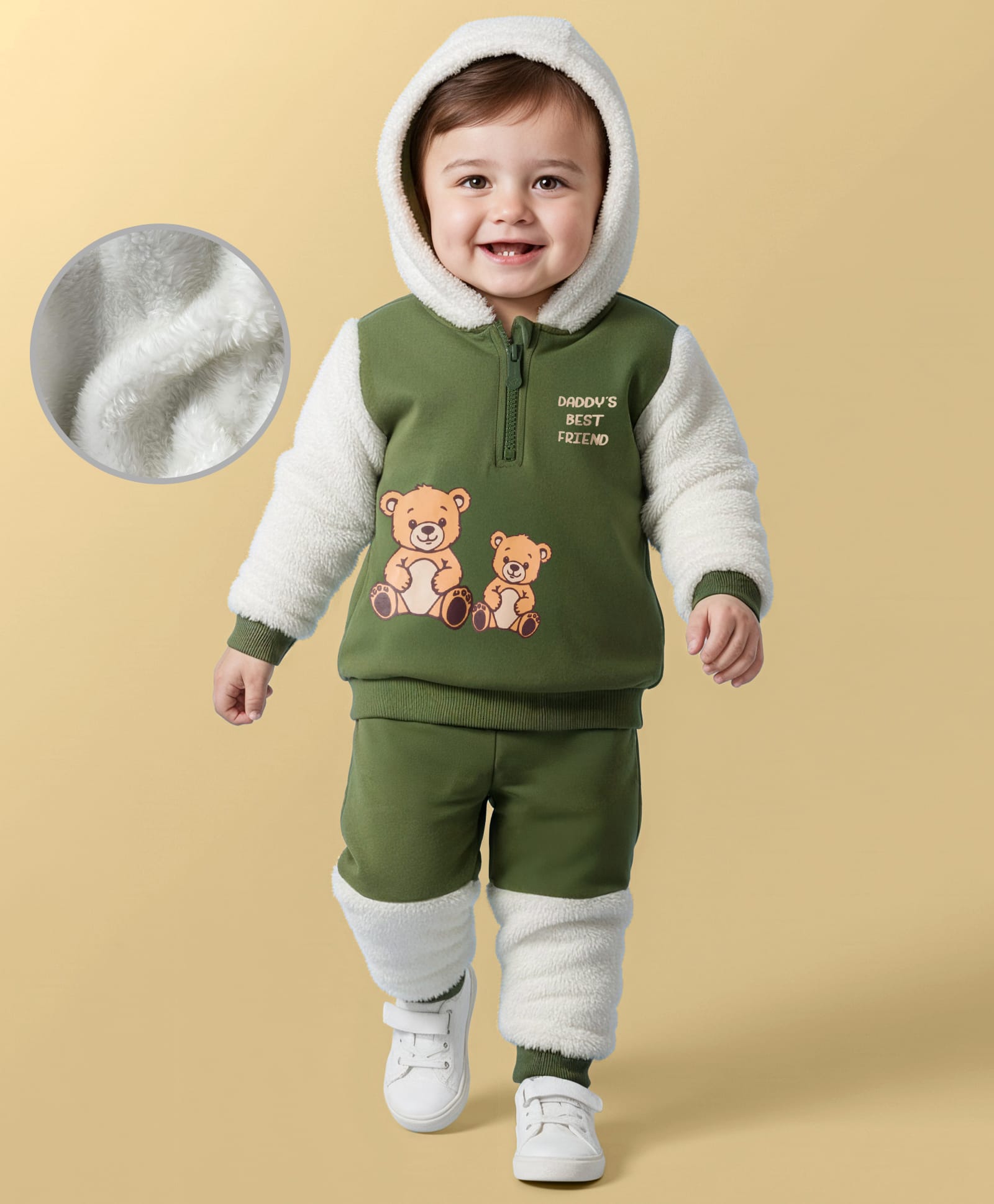 Babyoye 100% Cotton Full Sleeves Winter Wear Fleece Hooded T-Shirt & Lounge Pant Set With Animal Print - Green-image-6