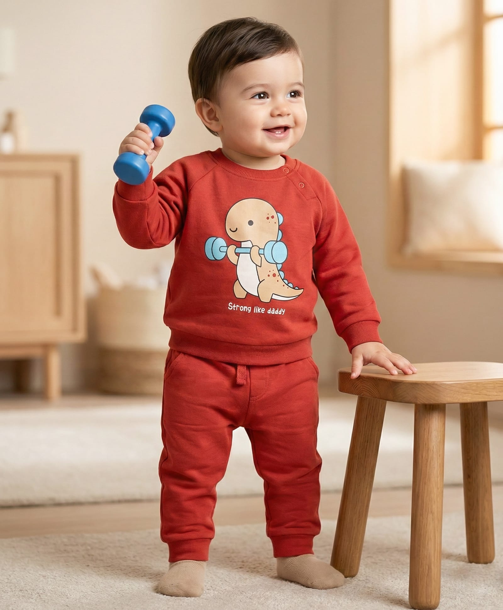 Babyoye 100% Cotton Knit Full Raglan Sleeves T-Shirt & Lounge Pant Set With Dino Print - Red-image-47