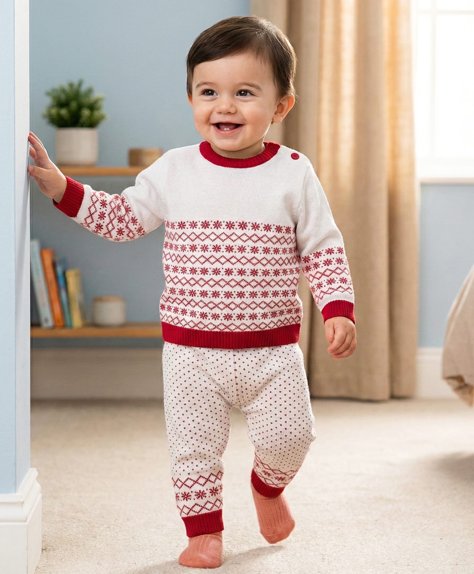 Babyoye Cotton Knit Full Sleeves Pullover Sweater & Pant Set with Aztec Design - White-picture-10