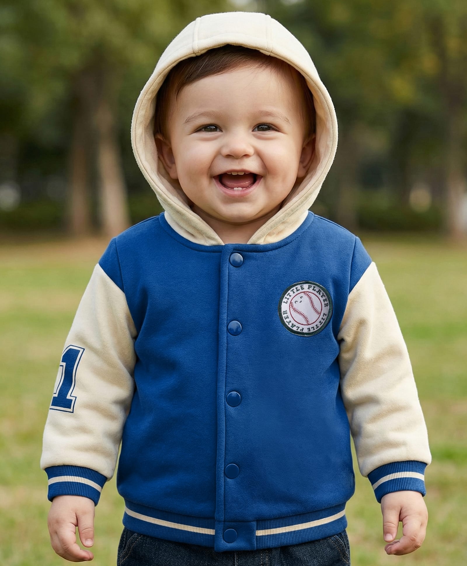 Babyoye 100% Cotton Knit Full Sleeves Hooded Sweatjacket With Teddy Bear Print - Blue-image-4