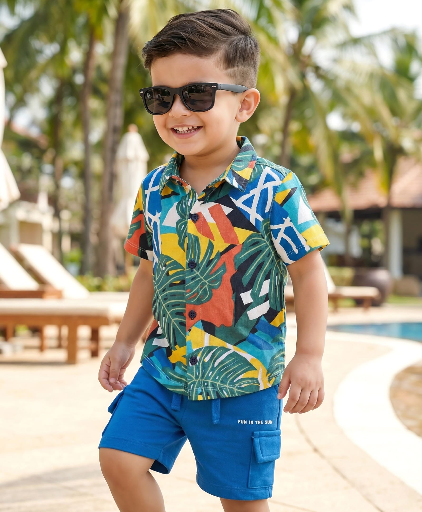 Babyhug Single Jersey Knit Half Sleeves Shirt & Short Set With Tropical Theme Print - Green & Blue-picture-21