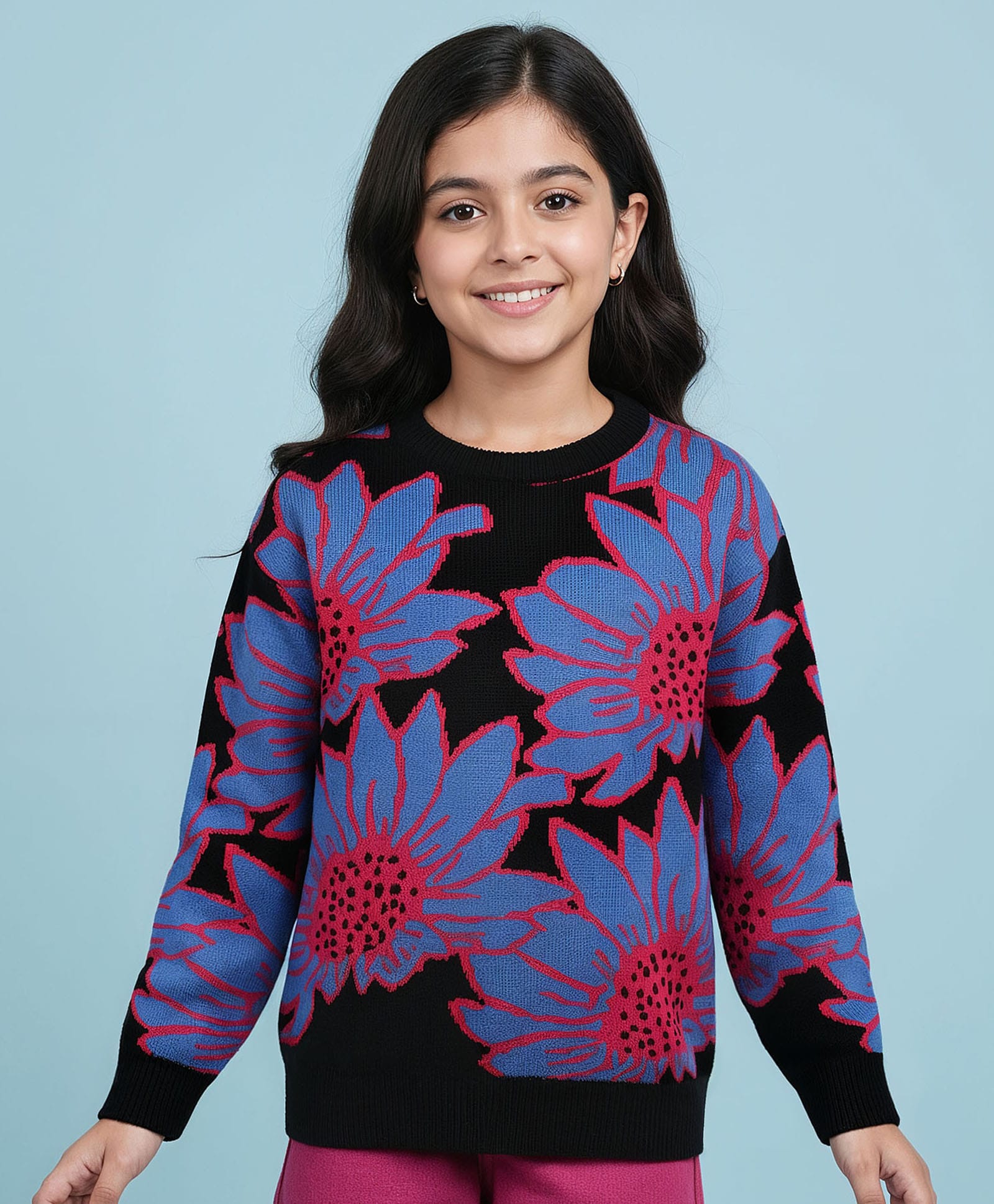 Pine Kids Knitted Full Drop Shoulder Sleeves Pullover Sweater With Floral Design - Black-image-23