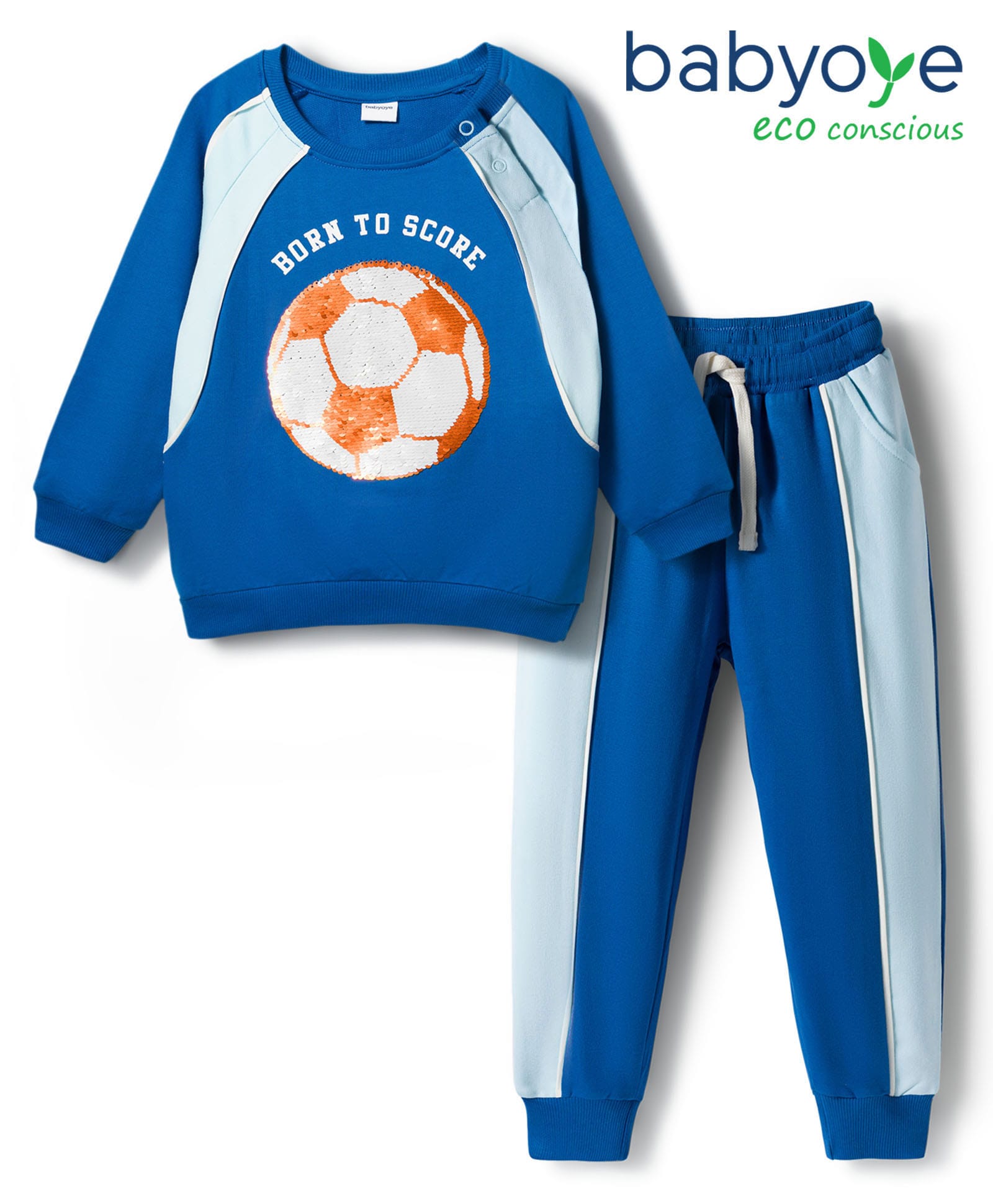 Babyoye 100% Cotton Knit Full Sleeves Cut & Sew Winter Wear T-Shirt & Lounge Pant Set with Reversible Sequin Detailing - Blue-picture-13