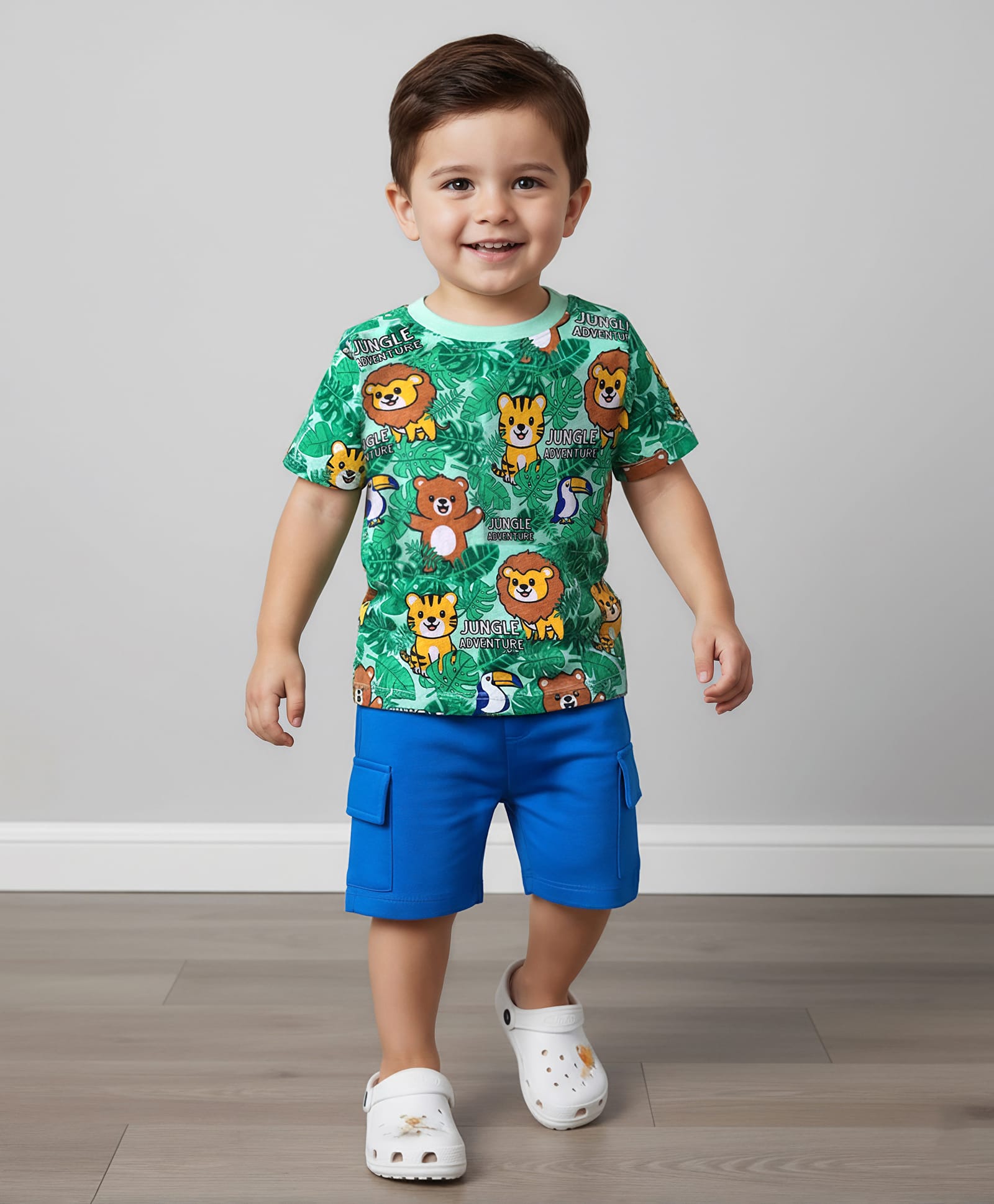 Babyhug Single Jersey Knit Half Sleeves T-Shirt & Short Set With Animal Print - Green & Blue-image-49