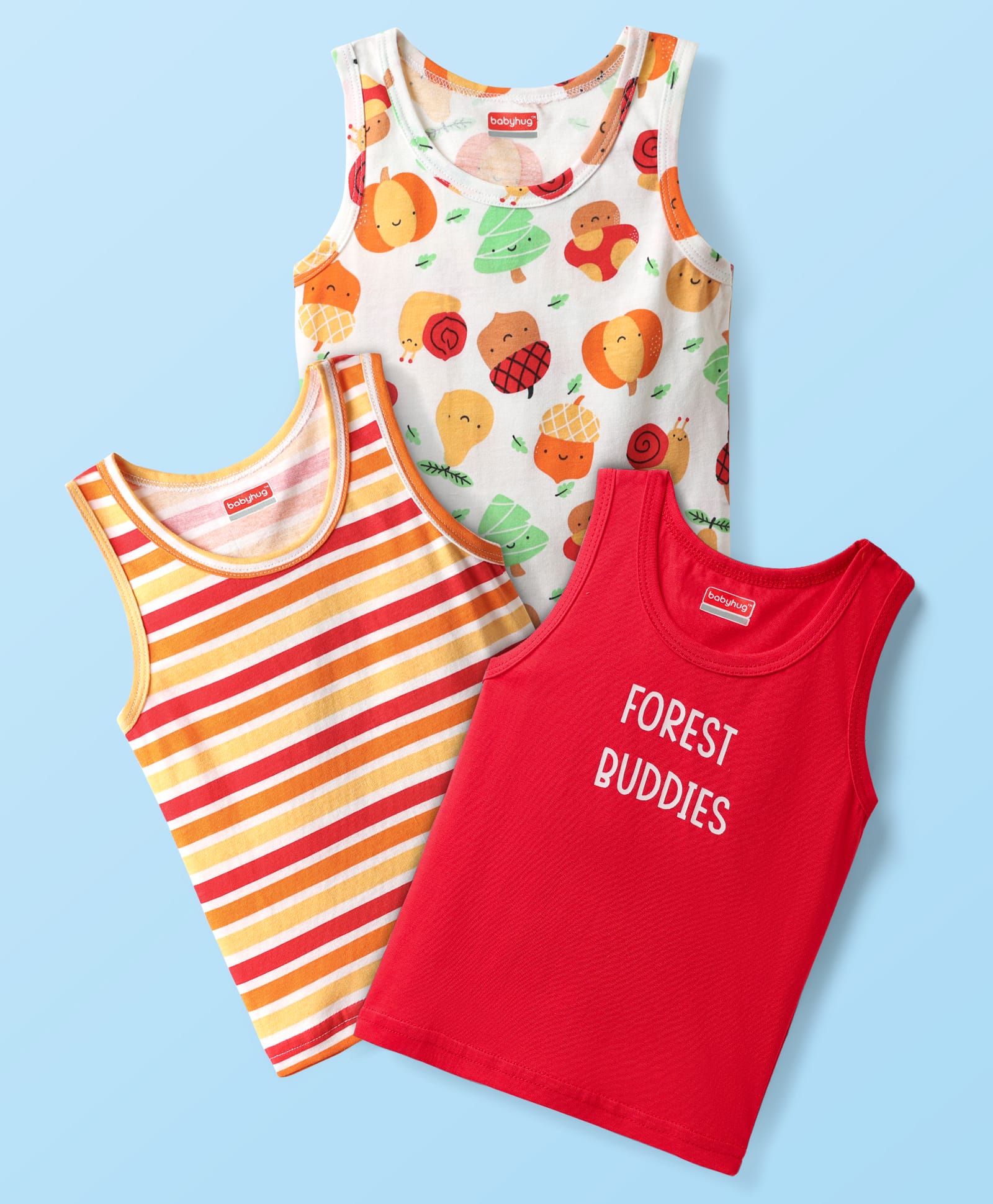 Babyhug 100% Cotton Knit Sleeveless Striped & Printed Sando Vests Pack of 3 - Multicolor-image-47