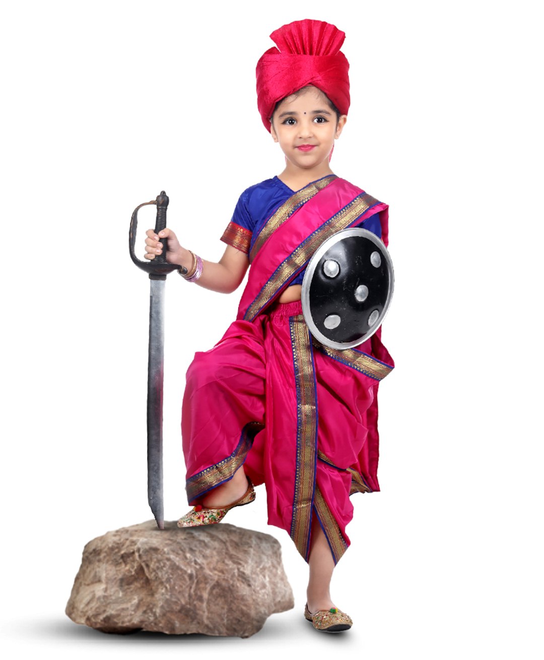 Itsmycostume Silk Woven Half Sleeves Gota Lace Embellished Rani Laxmibai Costume Set - Magenta-image-7