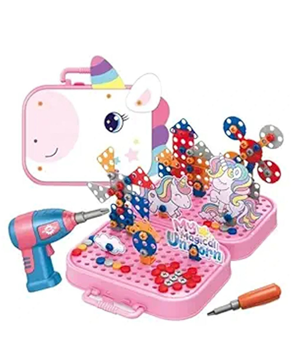 Happy Hues Diy Electric Unicorn Drill Screw Tool Set-Mosaic Puzzle 228Pcs- 3D Stem Educational Kit For Kids Construction Blocks And Building Block Kit-image-26