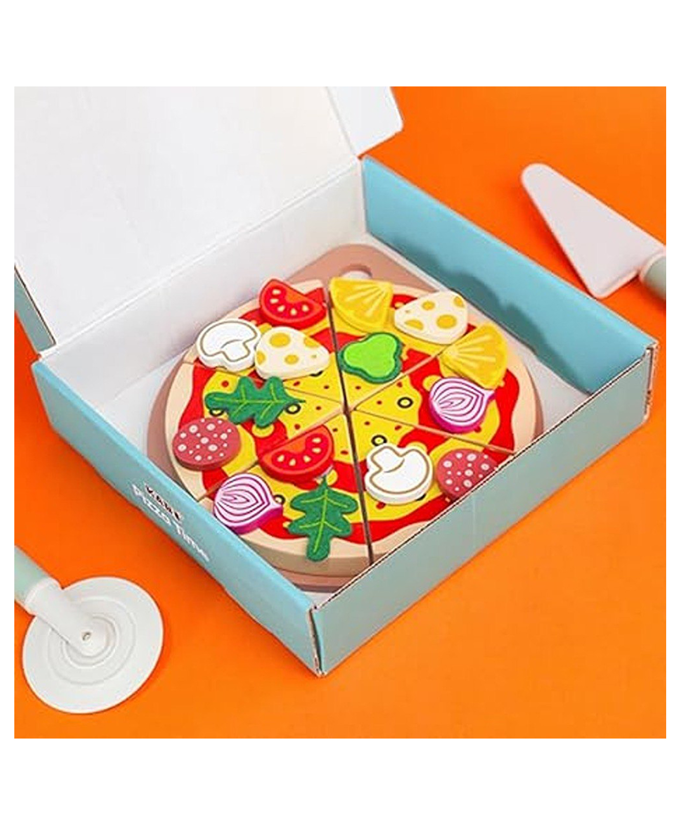 Happy Hues Wooden Pizza Play Set with Toppings and Accessories - Pretend Play Kitchen Food Toys for Kids -Play Pizza Party Gift Set for Kids