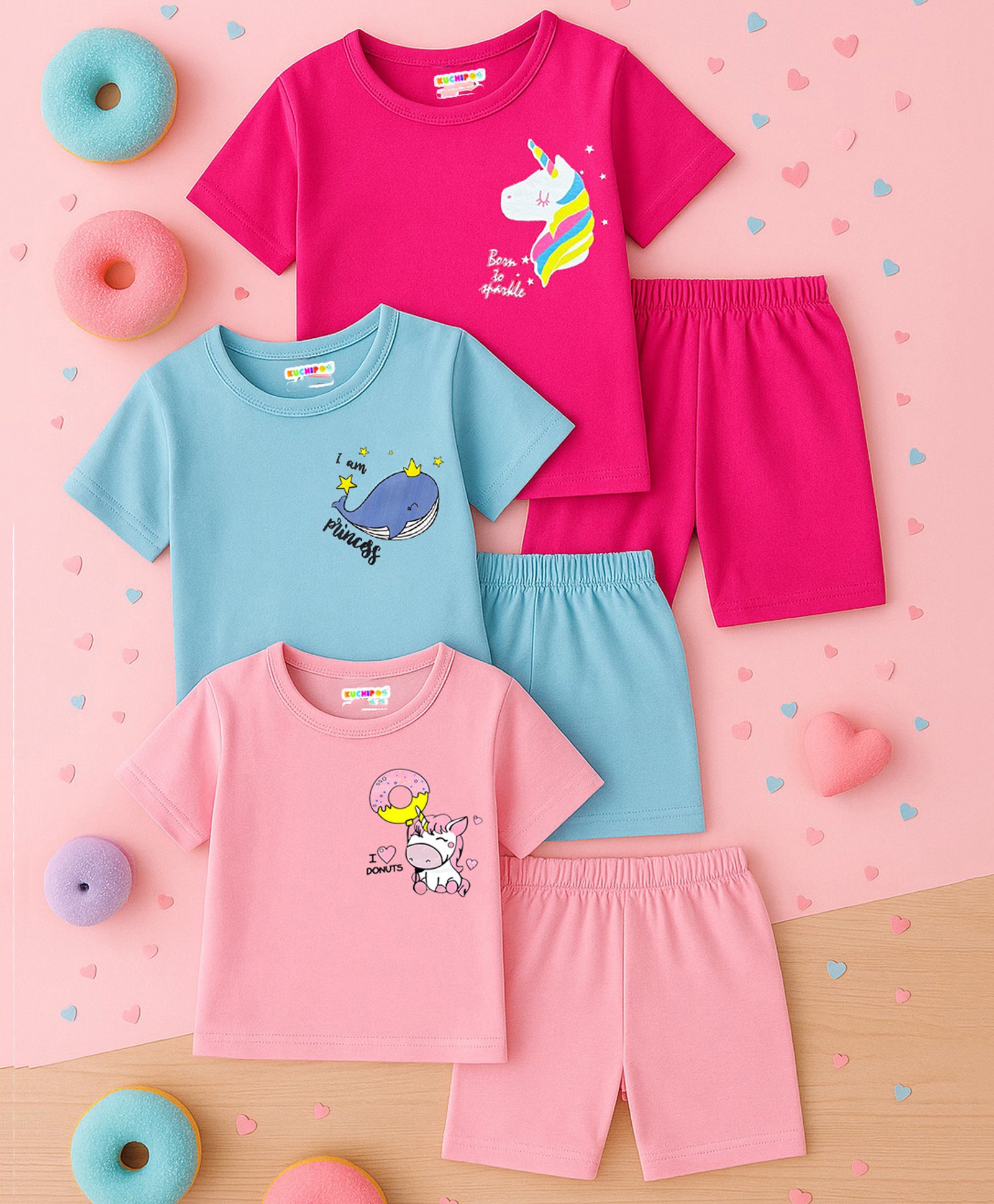 KUCHIPOO Cotton Pack Of 3 Half Sleeves Unicorn & Whale Printed Tees & Shorts Set - Pink Blue & Magenta-picture-33