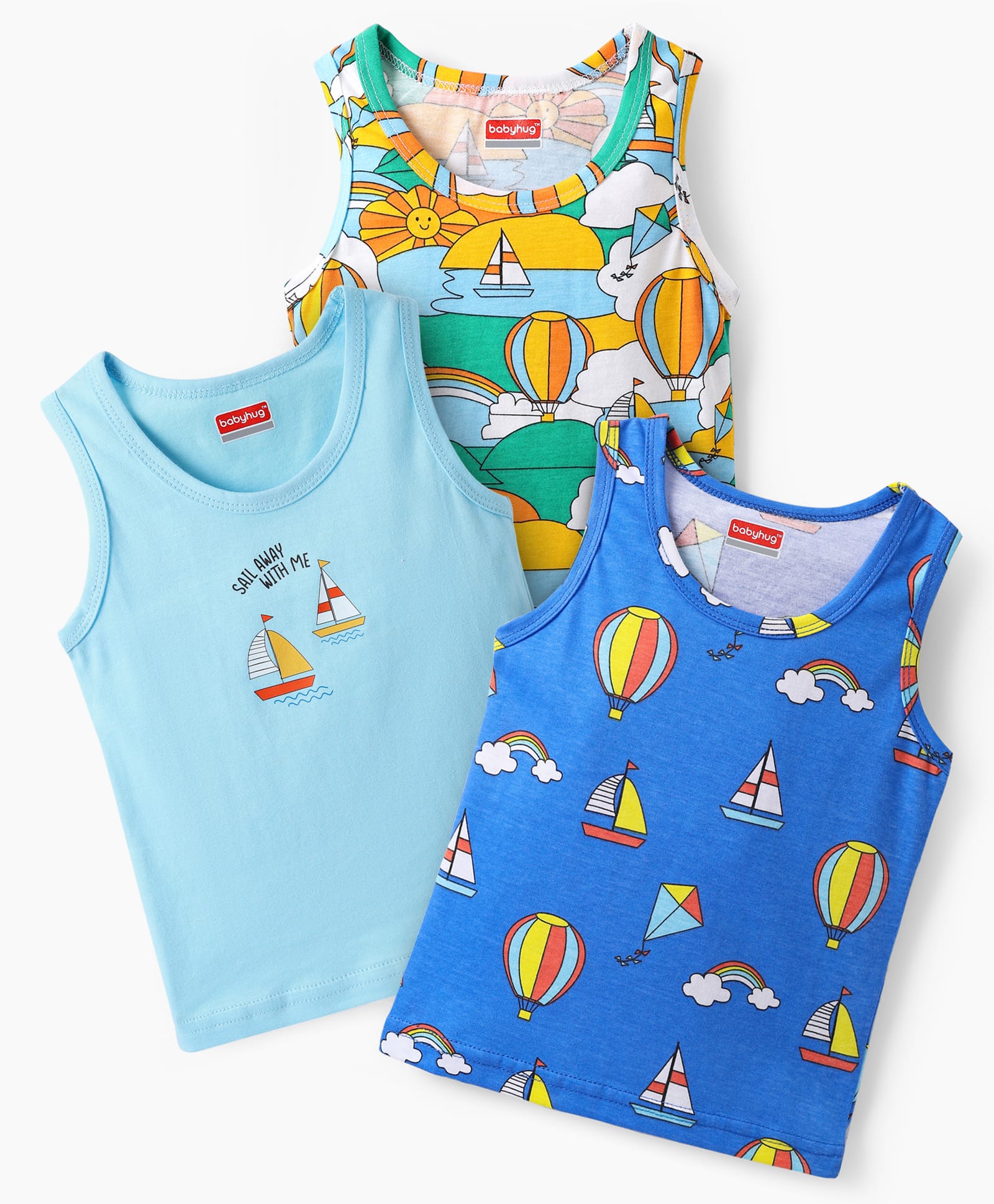 Babyhug 100% Cotton Knit Sleeveless Air Balloon & Boat Printed Sando Vests Pack of 3 - Multicolor-image-41