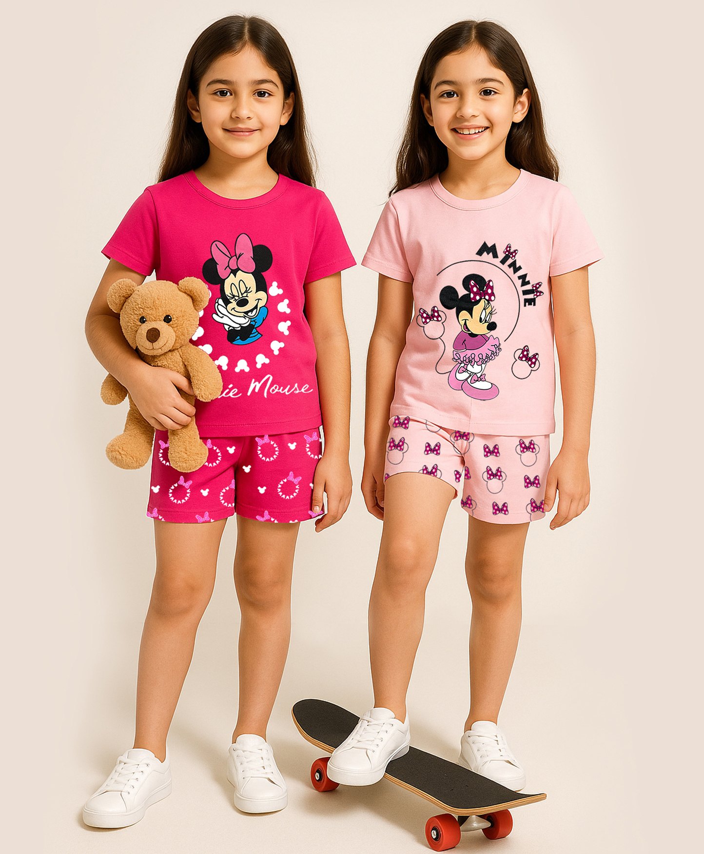 KUCHIPOO Cotton Pack Of 2 Disney Mickey & Friends Featuring Half Sleeves Minnie Mouse Printed Coordinating Tees & Shorts Set - Pink & Magenta-image-43