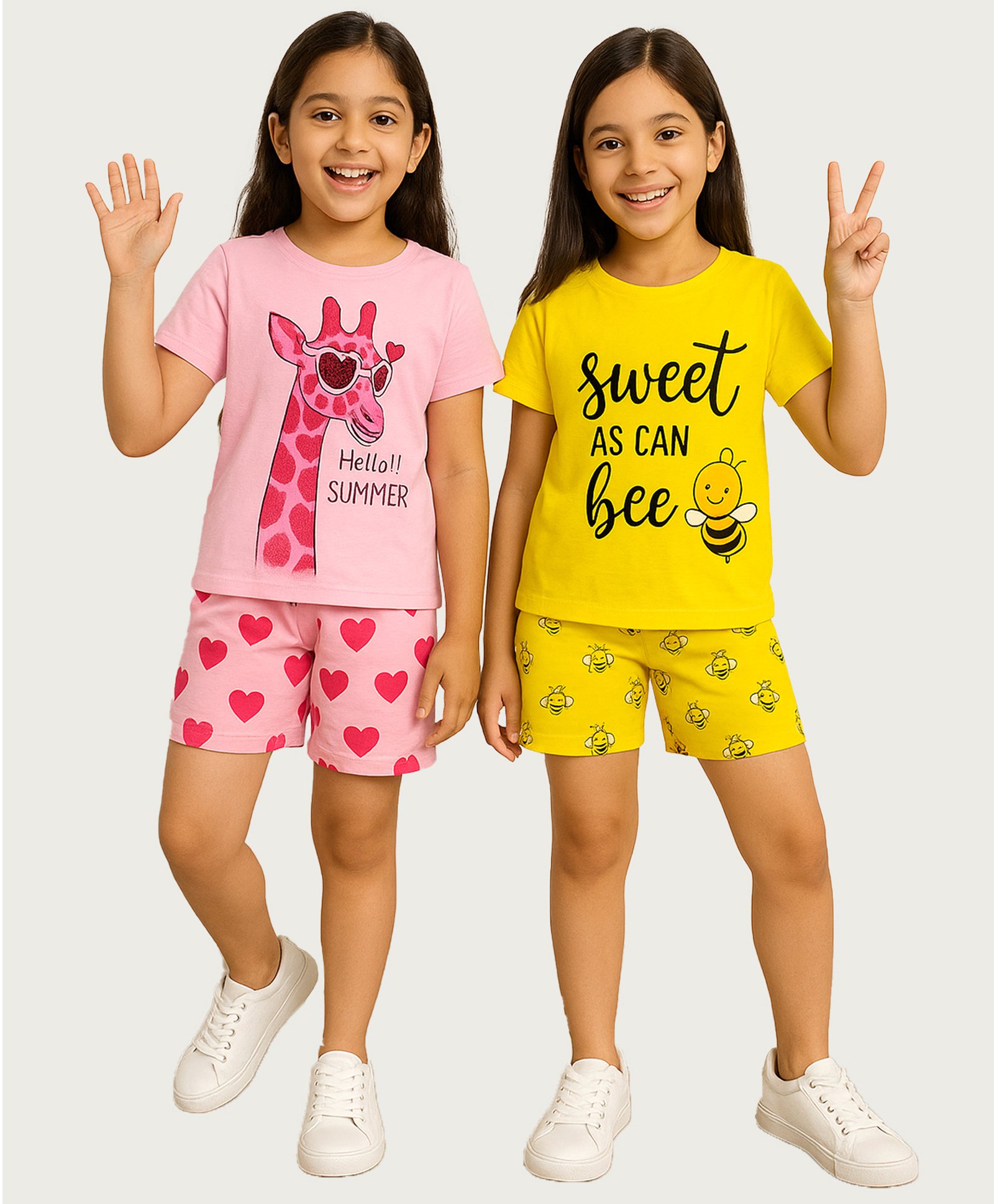 KUCHIPOO Cotton Pack Of 2 Half Sleeves Giraffe & Honey Bee Printed Tees & Shorts Set - Yellow & Pink-image-38