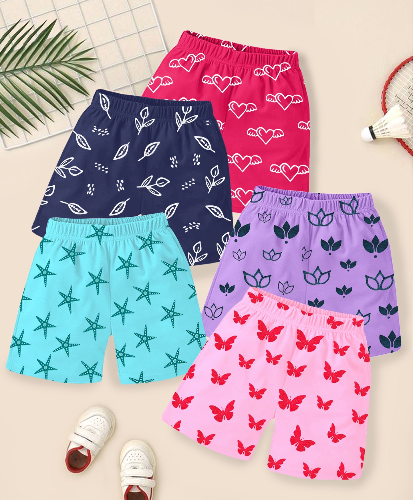 KUCHIPOO Cotton Pack Of 5 Floral & Butterfly Printed Shorts - Blue Pink Lilac Magenta & Navy Blue-picture-10