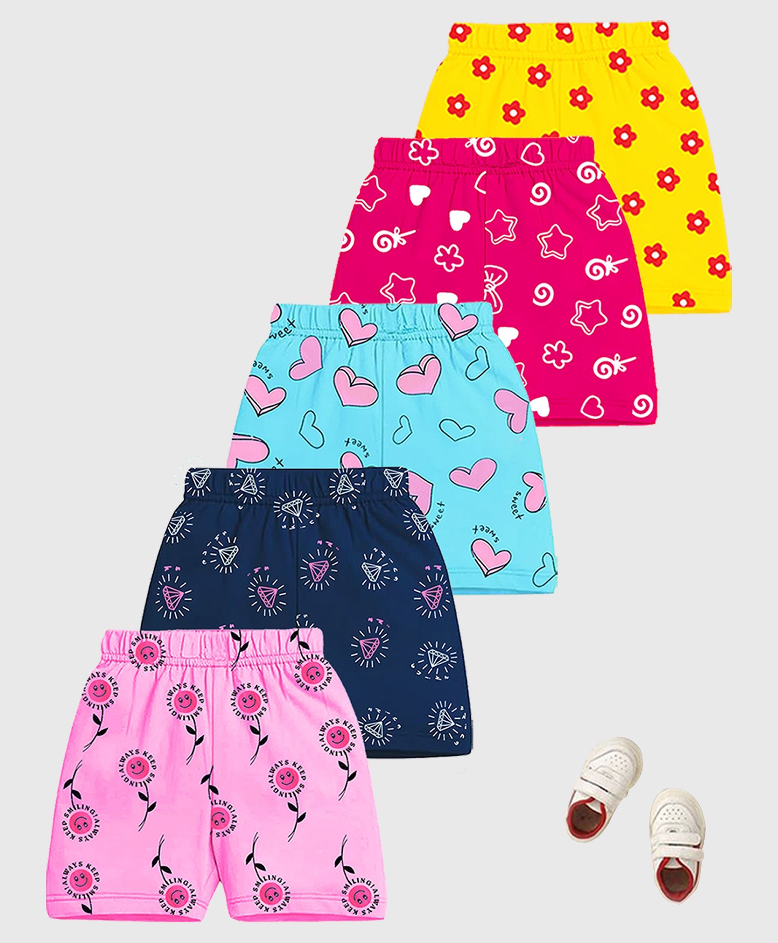 KUCHIPOO Cotton Pack Of 5 Hearts & Floral Printed Shorts - Navy Blue Yellow Pink Blue & Magenta-picture-13