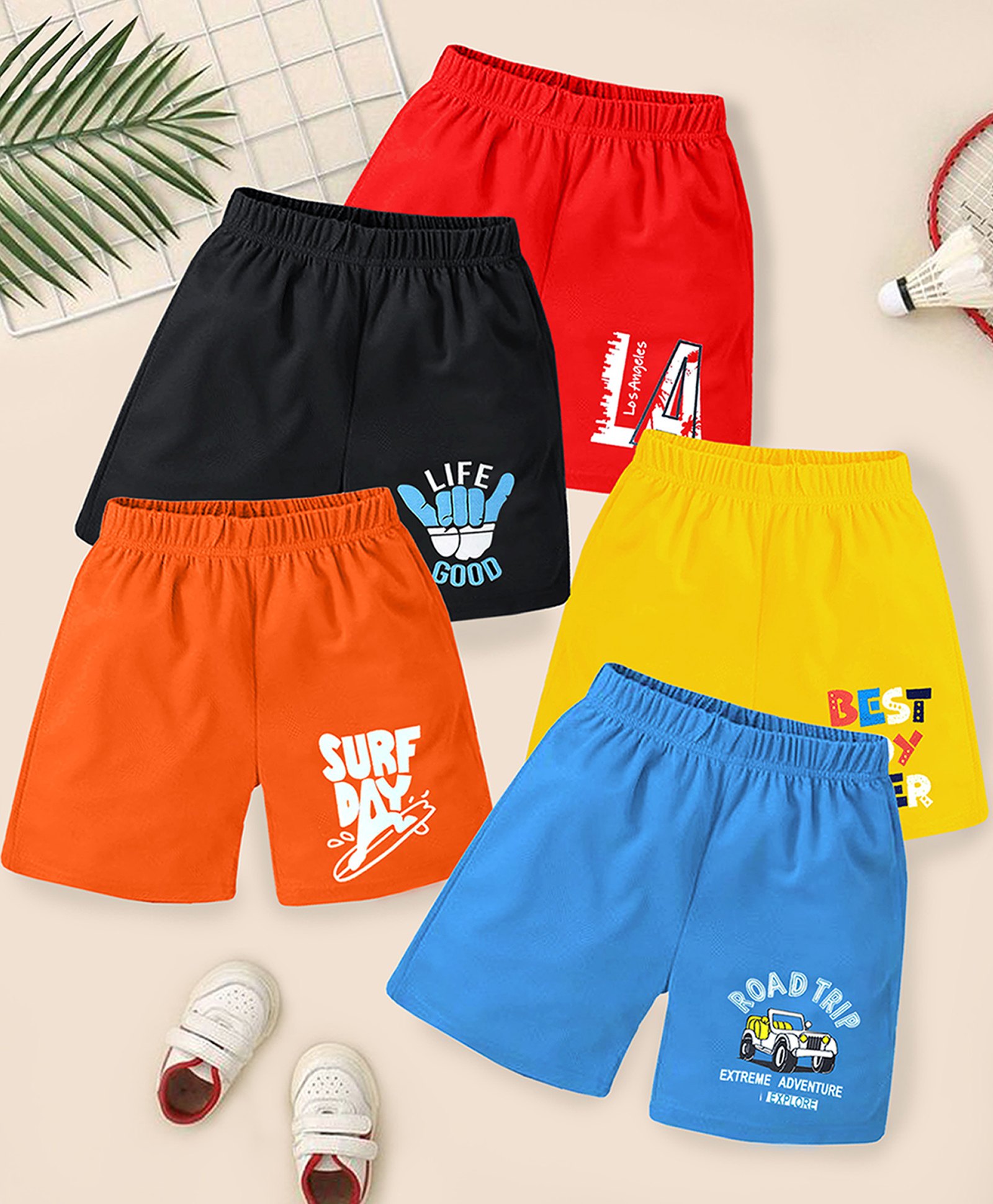 KUCHIPOO Cotton Pack Of 5 Beach Theme & Typography Printed Shorts - Red Black Orange Yellow & Blue-picture-22