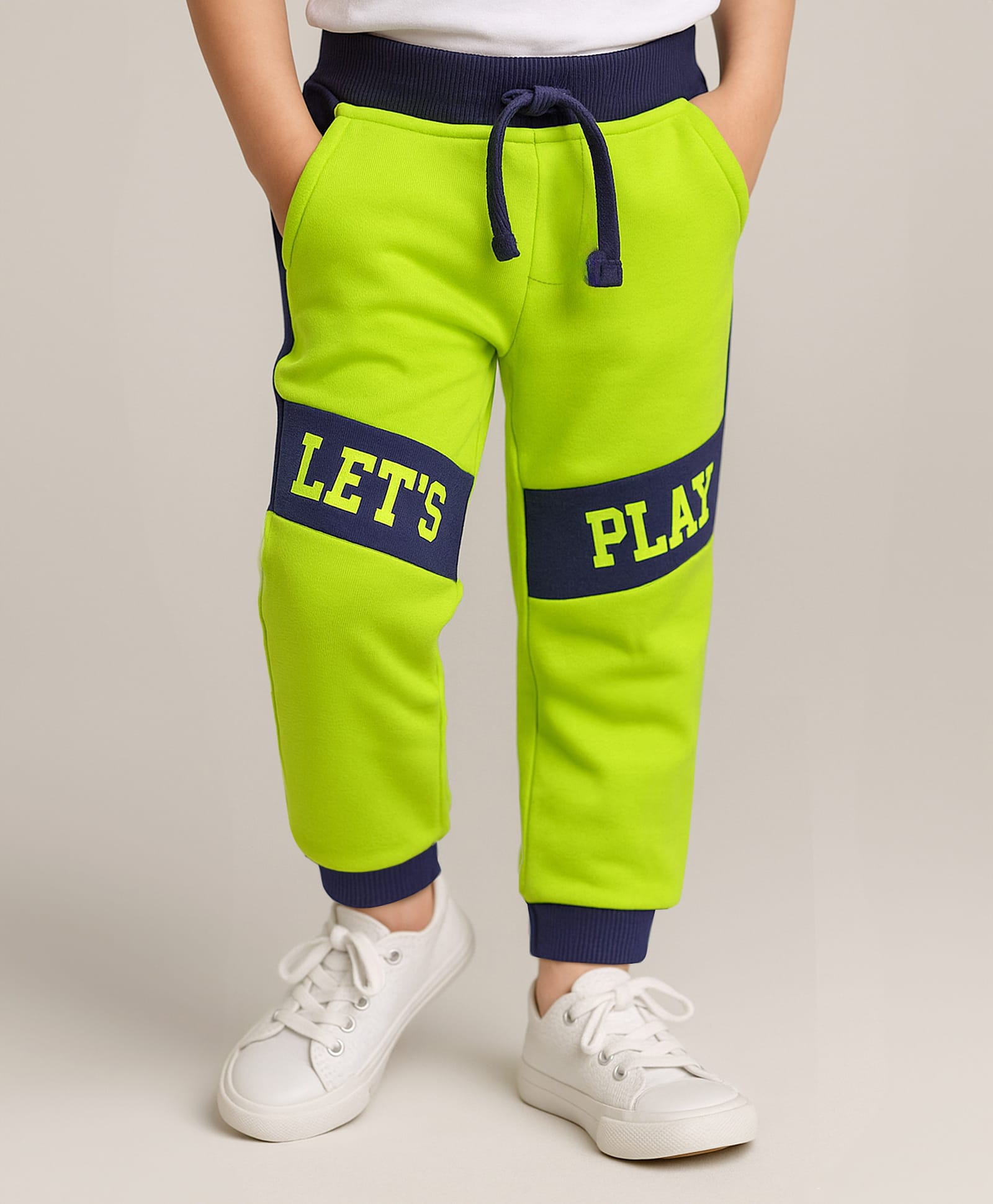 Babyhug Cotton Terry Knit Full Length Lounge Pant With Let's Play Print - Neon Green & Navy Blue-image-48