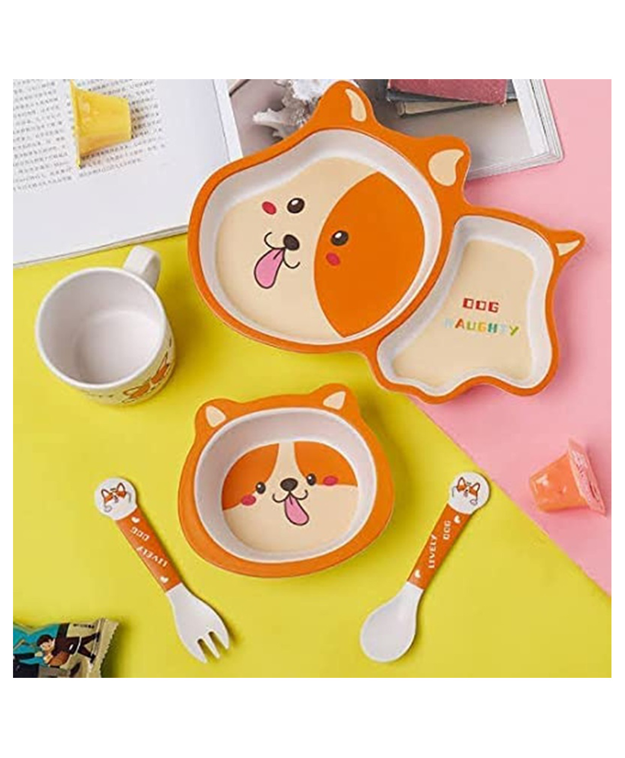 SANJARY Eco Friendly Bamboo Fiber Naughty Dog Children's Dinnerware Baby Cute Tableware 5PCs Set For Kids Color May Vary-picture-24