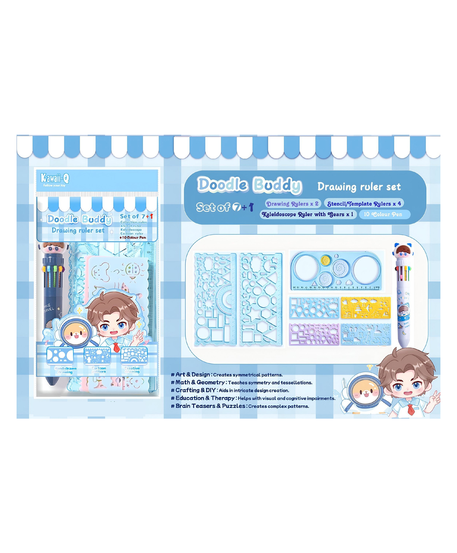 SANJARY 7+1 Astronaut Theme Geometric Drawing Ruler with 10 in 1 color ball pen & Spirograph Drawing Set for Kids-picture-32