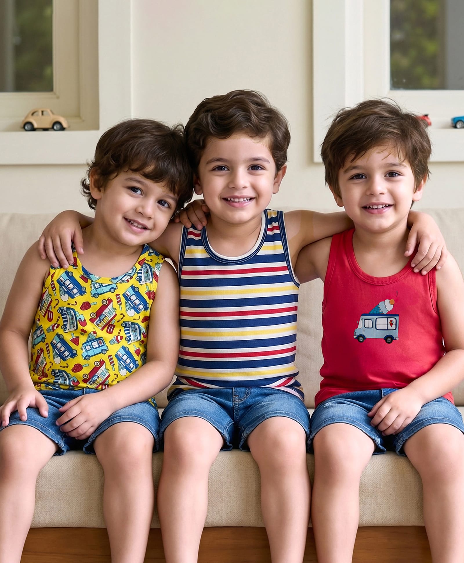 Babyhug 100% Cotton Knit Sleeveless Sandos With Stripes & Vehicle Print Pack of 3 - Red & Yellow-image-14