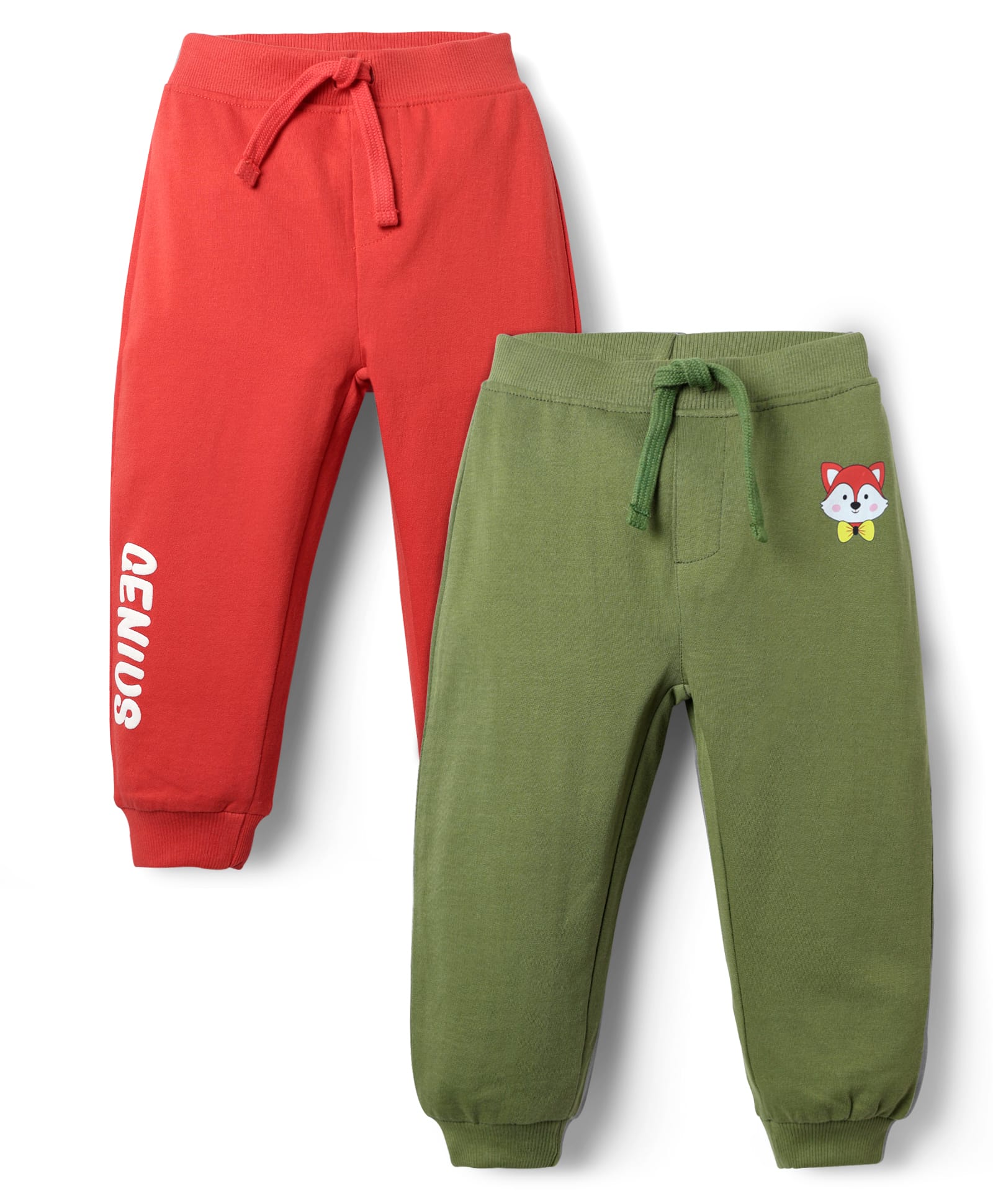 Babyhug Cotton Terry Knit Full Length Lounge Pant With Animal & Text Print Pack Of 2 - Red & Olive Green-image-38